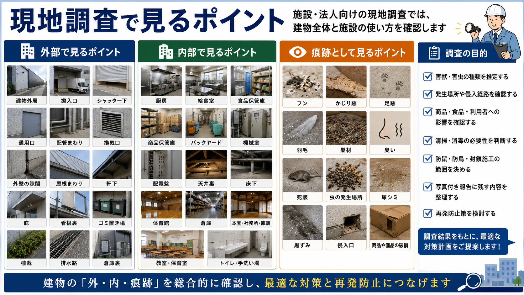 法人施設向けの害獣害虫現地調査で確認する外部・内部・痕跡のポイントを、侵入口・フン・かじり跡・清掃消毒・再発防止の観点で解説する画像