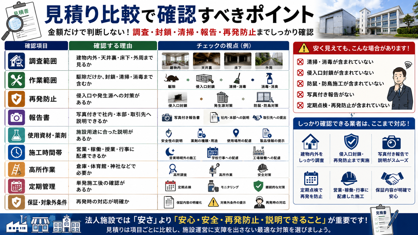 施設・法人向け害獣・害虫対策における見積り比較で確認すべきポイントの解説図