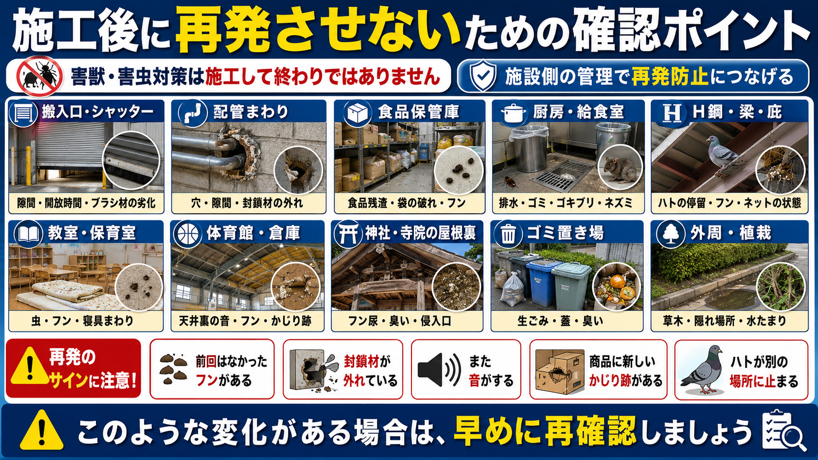 法人施設向け害獣害虫対策の定期点検・予防管理として、フン・かじり跡・ハチの巣・ゴキブリ・ハトやコウモリのフン・侵入口を確認する画像