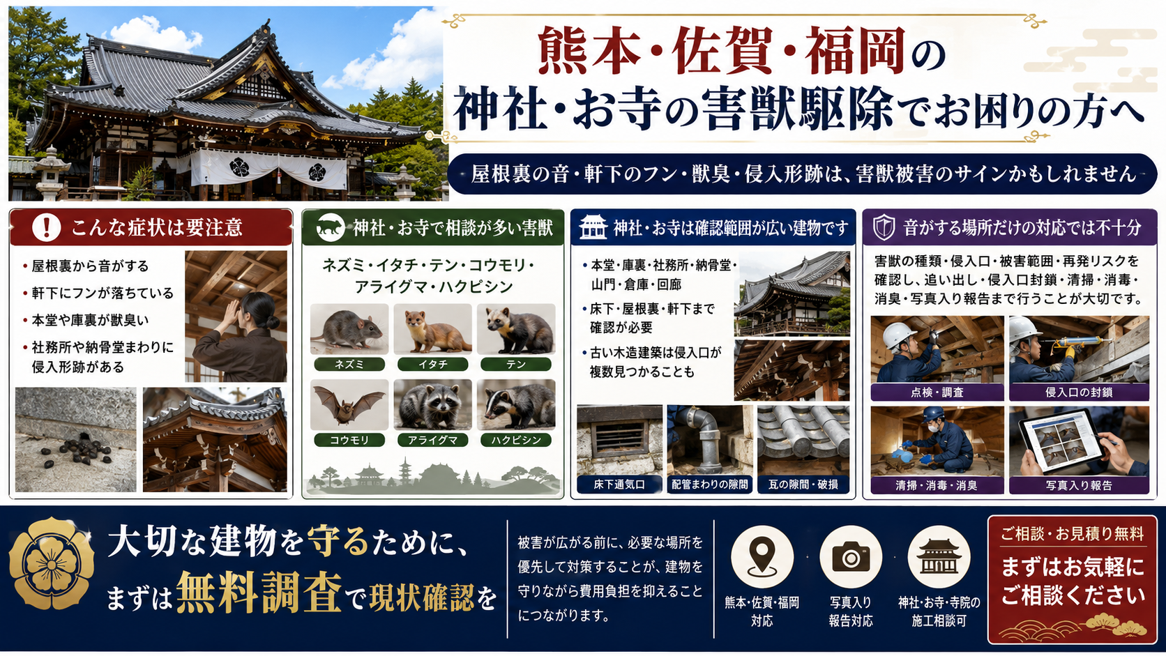 熊本・佐賀・福岡の神社・お寺で起こる屋根裏の音や軒下のフン、獣臭など害獣被害のサインと駆除対策を解説する画像
