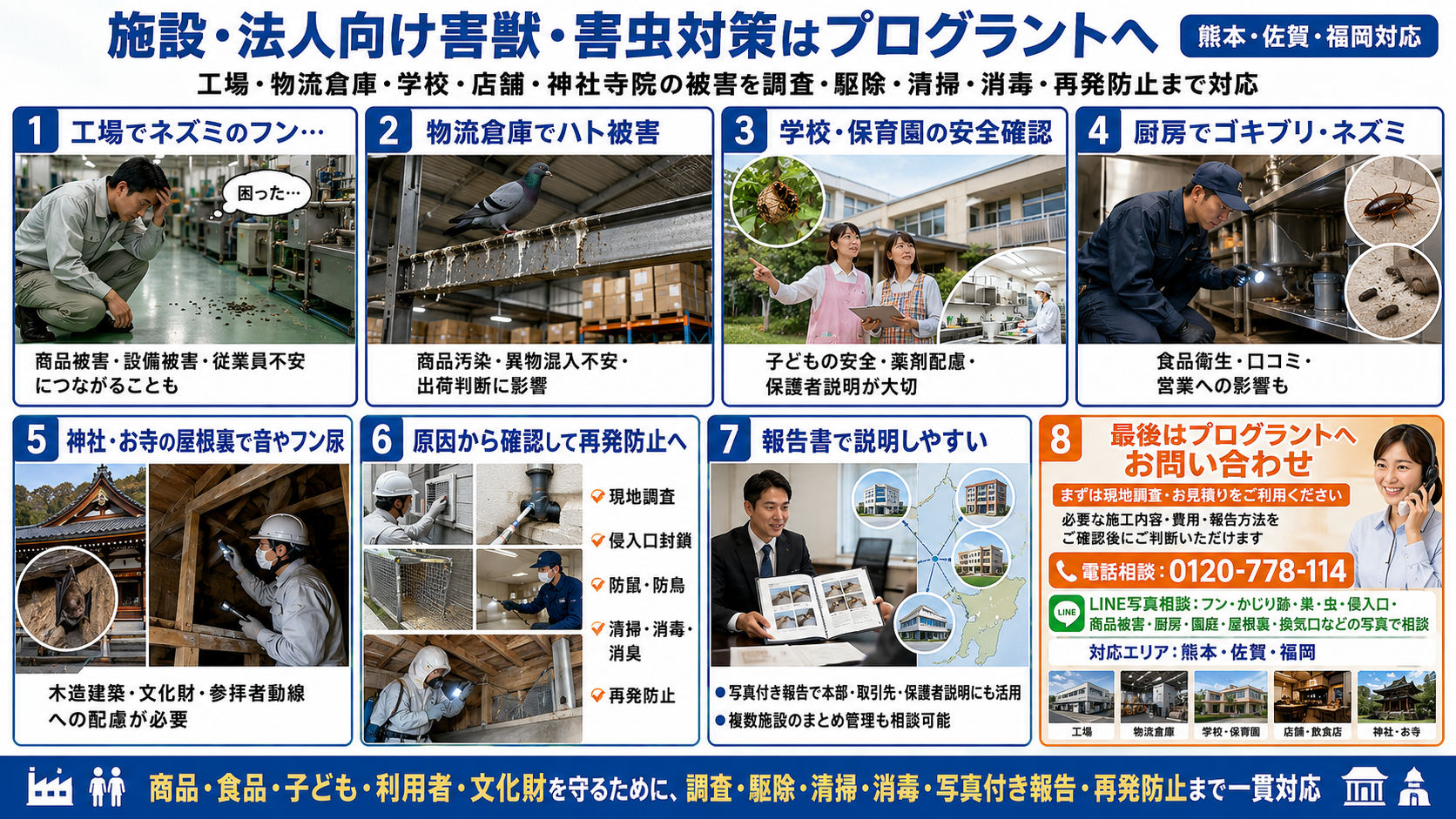 熊本・佐賀・福岡対応のプログラントによる施設法人向け害獣害虫対策を、工場・物流倉庫・学校・飲食店・神社寺院の被害から調査・清掃消毒・写真付き報告・再発防止・問い合わせまで8コマで解説する画像
