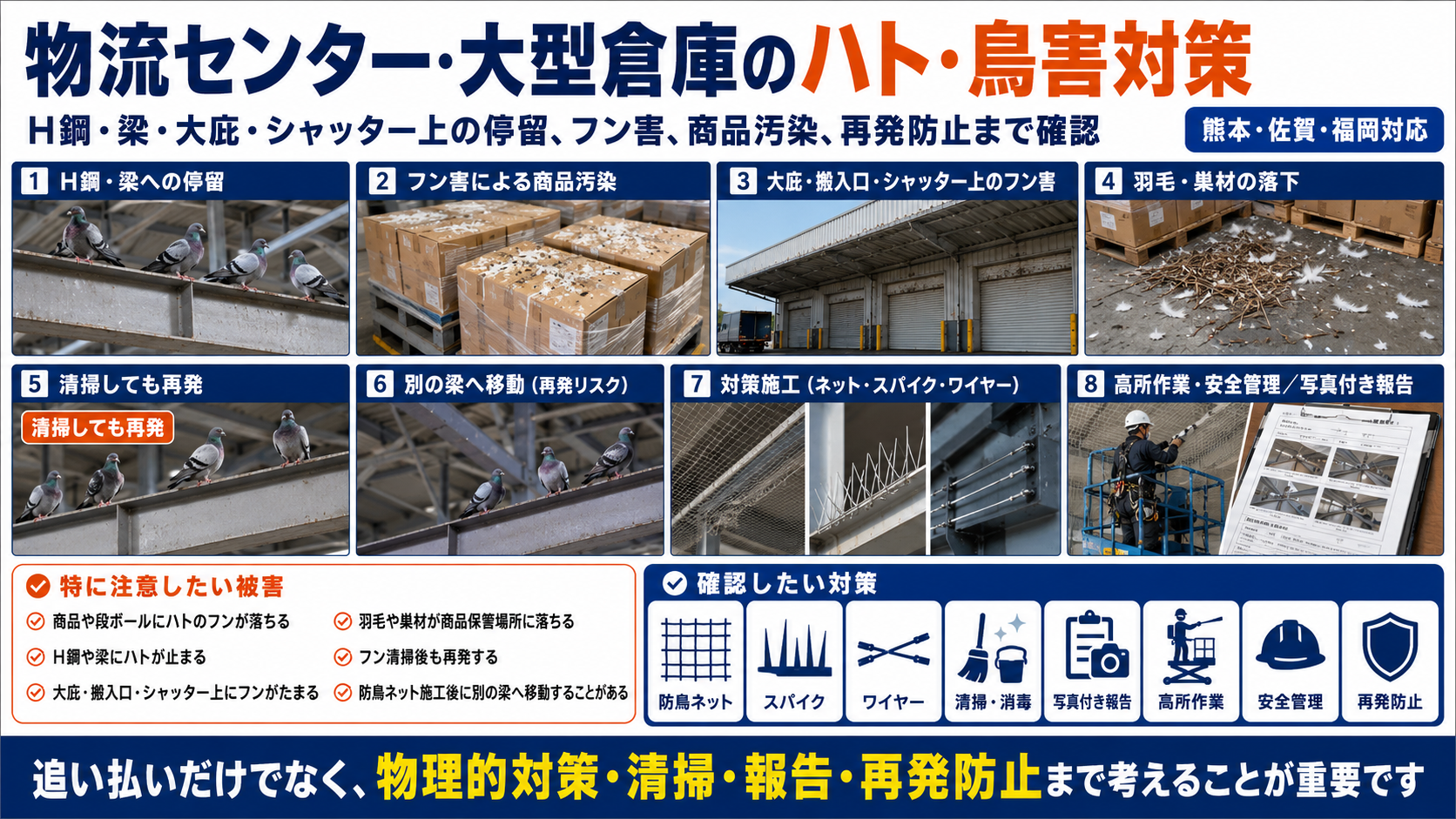 熊本・佐賀・福岡対応の物流センター・大型倉庫向けハト鳥害対策として、H鋼・梁・大庇のフン害、商品汚染、防鳥ネットやスパイクによる再発防止を解説する画像