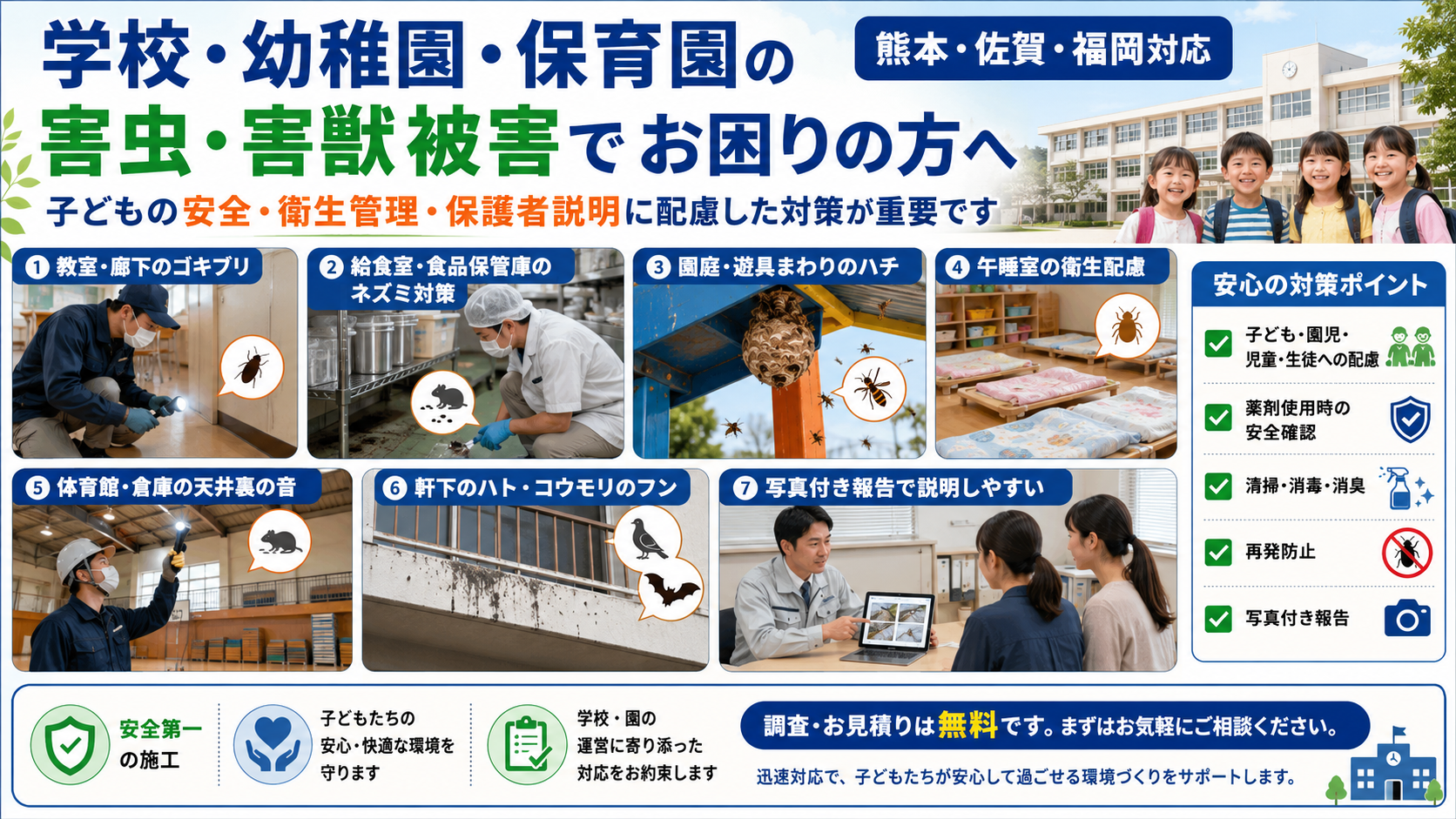 熊本・佐賀・福岡の学校・幼稚園・保育園向け害虫害獣対策で、発生場所確認・子どもの安全配慮・薬剤使用説明・写真付き報告・再発防止の重要性を解説する画像