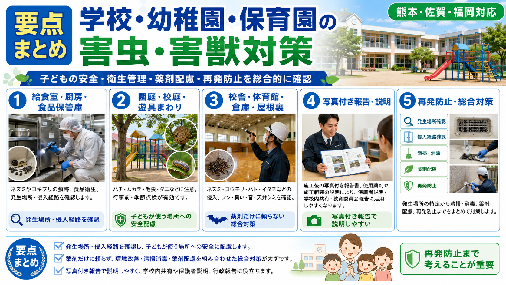 熊本・佐賀・福岡の学校・幼稚園・保育園向け害虫害獣対策を、給食室・園庭・体育館・写真付き報告・薬剤配慮・再発防止の要点で解説する画像
