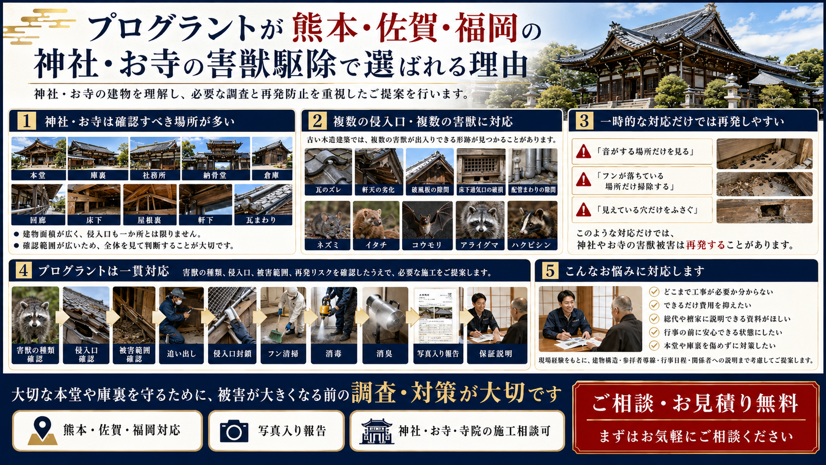 熊本・佐賀・福岡の神社・お寺の害獣駆除でプログラントが選ばれる理由を、侵入口確認・封鎖・清掃消毒・写真報告まで解説する画像 