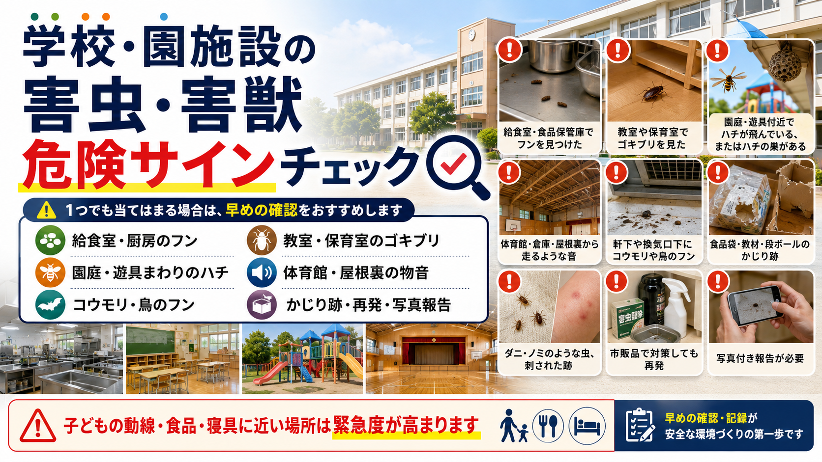 学校・幼稚園・保育園の給食室や教室、園庭、体育館で確認したい害虫・害獣の危険サインチェックリスト