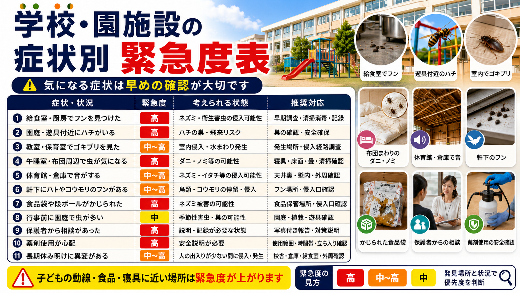 学校・幼稚園・保育園の害虫・害獣対策で確認したい給食室や園庭、教室、体育館の症状別緊急度表