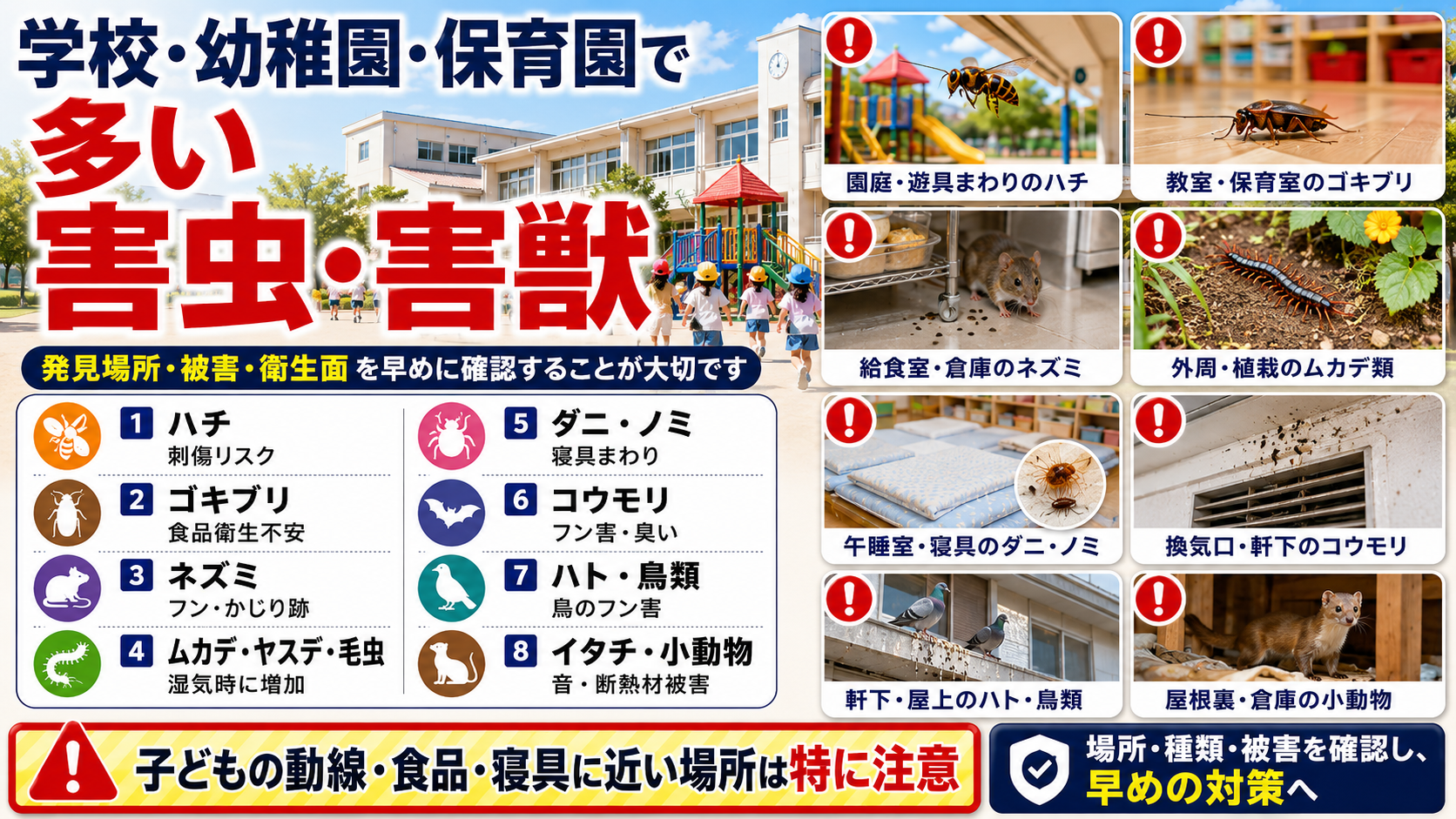学校・幼稚園・保育園で多いハチ・ゴキブリ・ネズミ・コウモリなどの害虫・害獣と発生場所の注意点