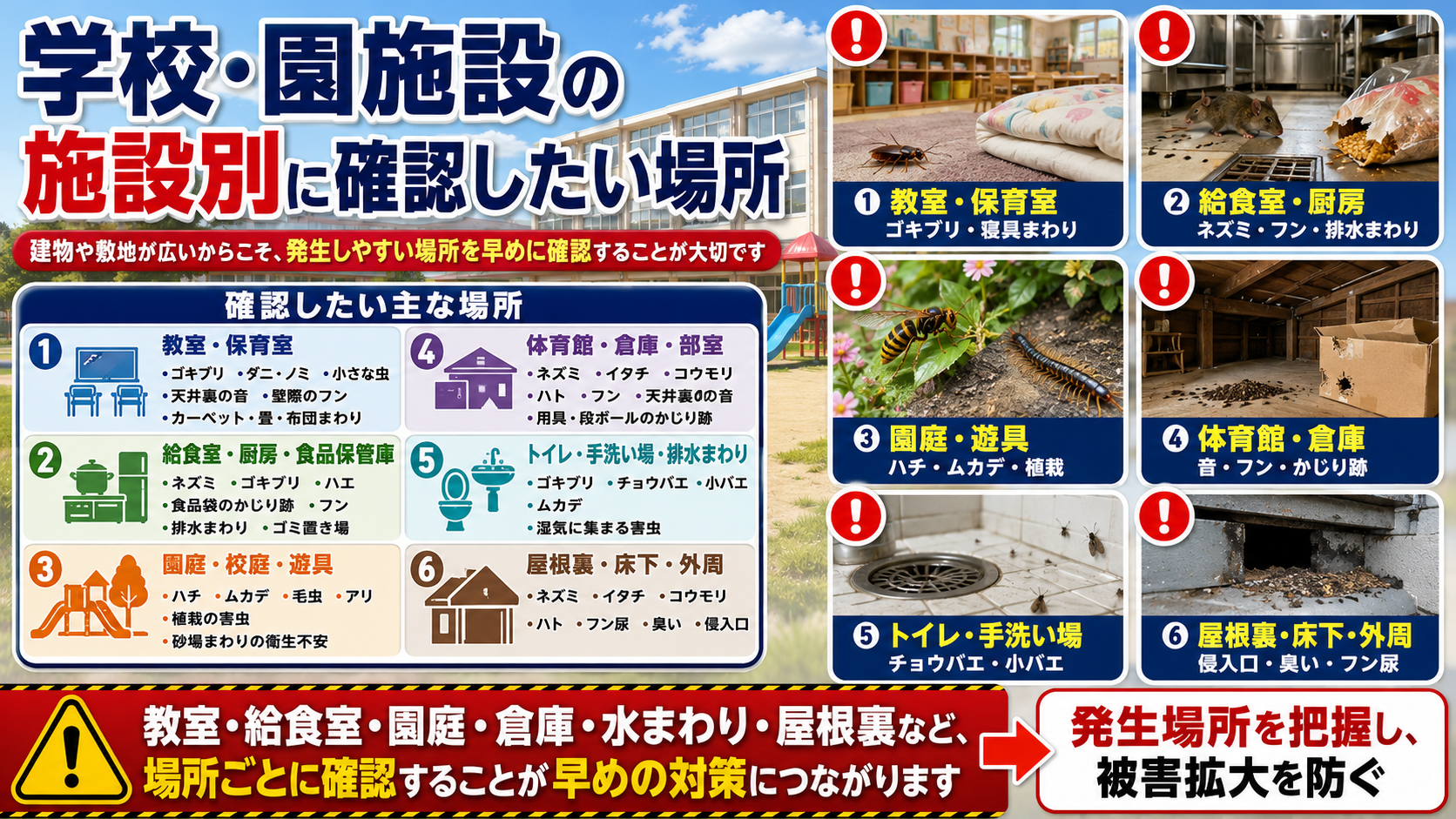 学校・幼稚園・保育園の教室・給食室・園庭・倉庫・水まわり・屋根裏で確認したい害虫・害獣の発生場所
