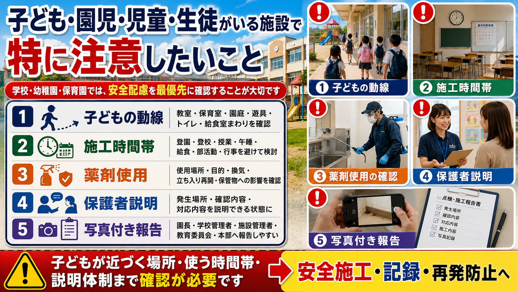 学校・幼稚園・保育園で害虫・害獣対策を行う際に確認したい子どもの動線・施工時間帯・薬剤使用・保護者説明・写真付き報告
