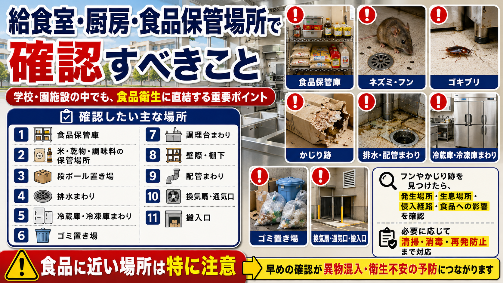 学校・園施設の給食室・厨房・食品保管庫で確認したいネズミ・ゴキブリ・フン・かじり跡などの食品衛生チェック