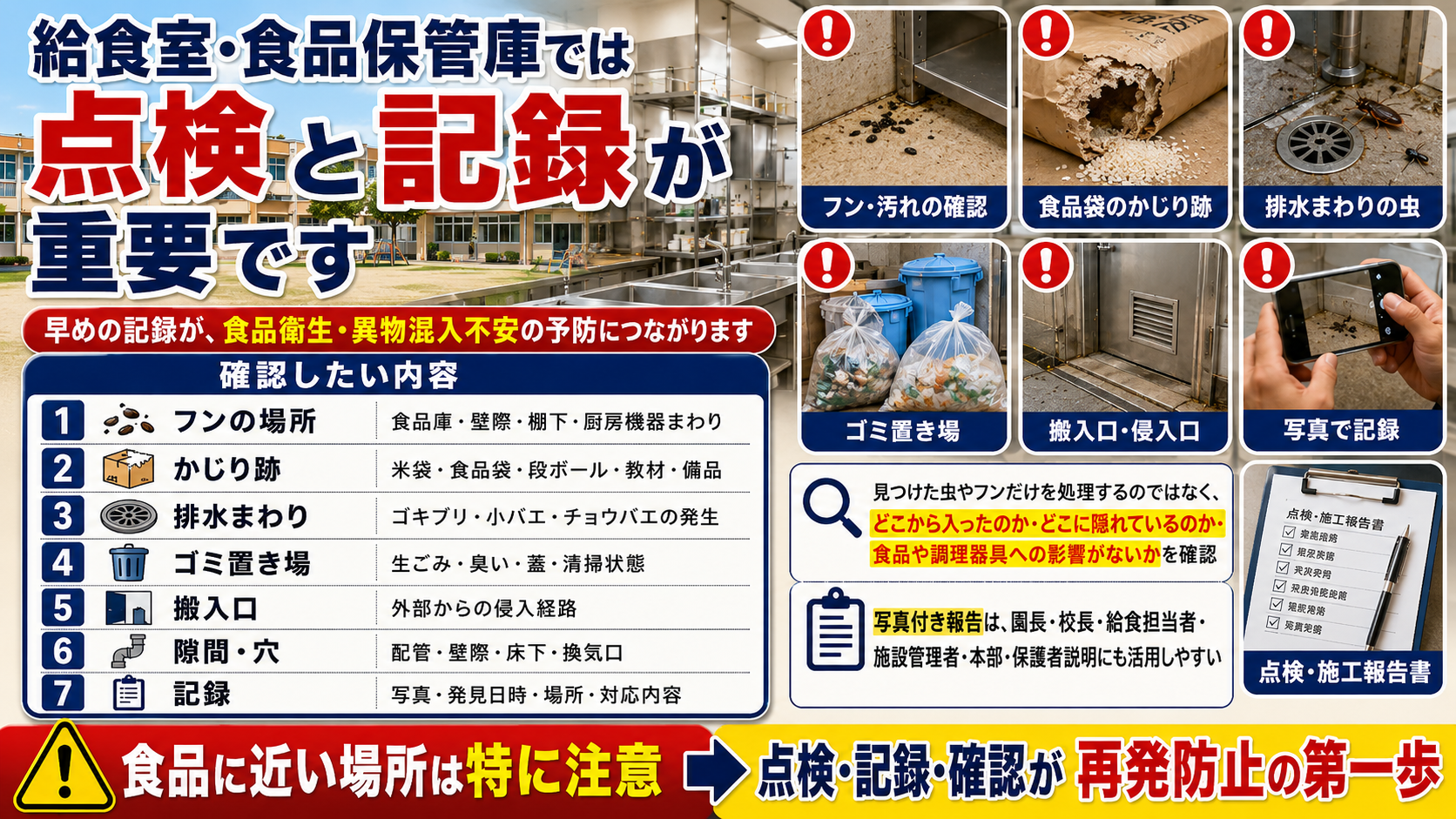 学校・幼稚園・保育園の給食室・食品保管庫で確認したい害虫・害獣の痕跡と食品衛生のための点検記録