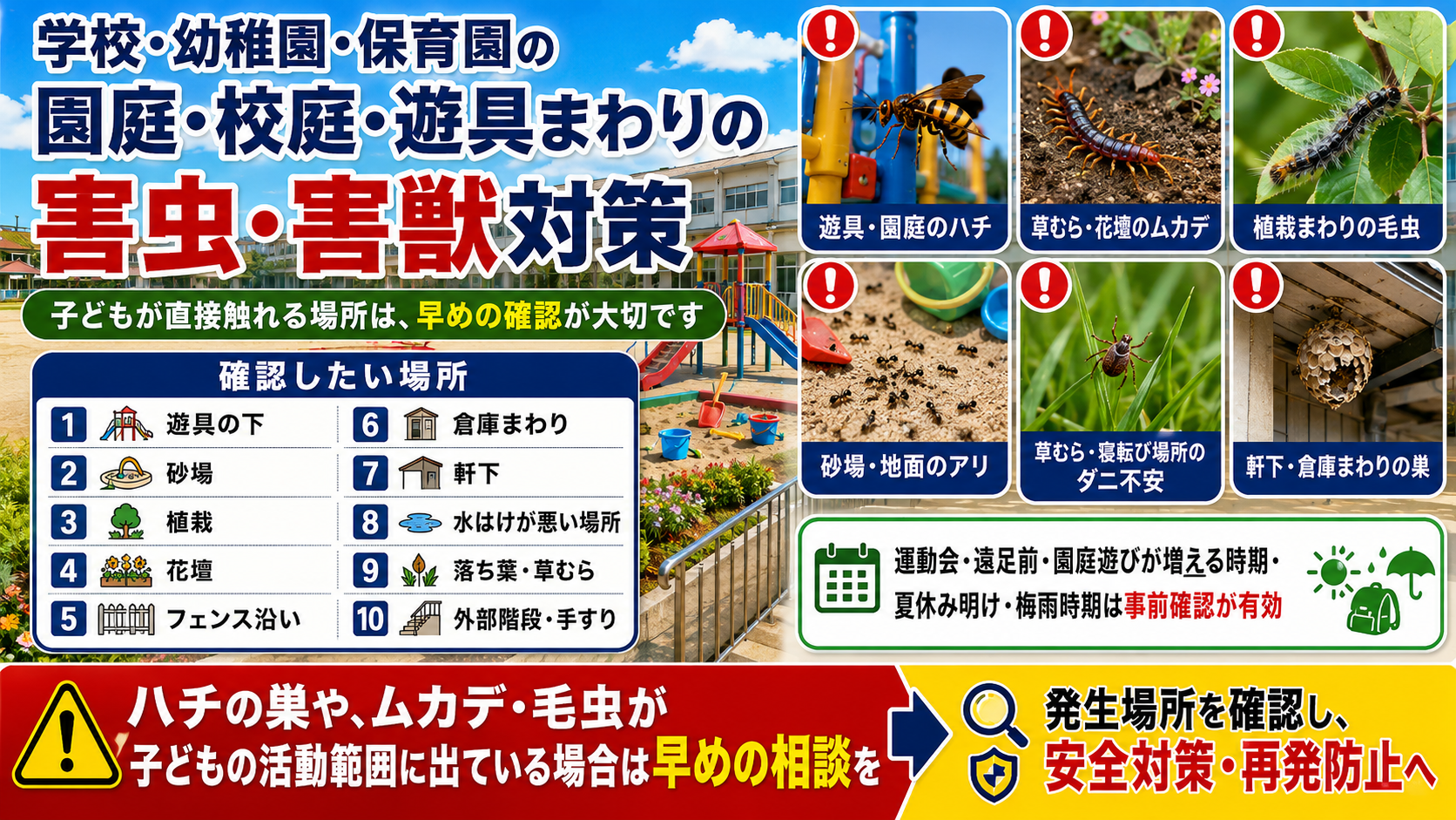 学校・幼稚園・保育園の園庭・校庭・遊具まわりで確認したいハチ・ムカデ・毛虫などの害虫・害獣対策