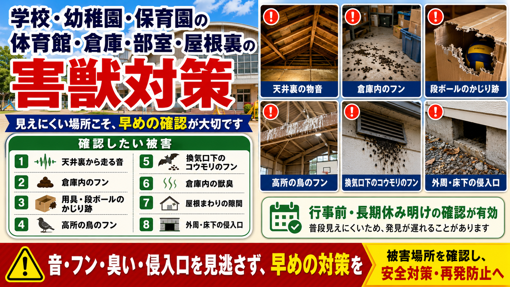 学校・幼稚園・保育園の体育館・倉庫・部室・屋根裏で確認したい天井裏の物音・フン・かじり跡・侵入口などの害獣対策