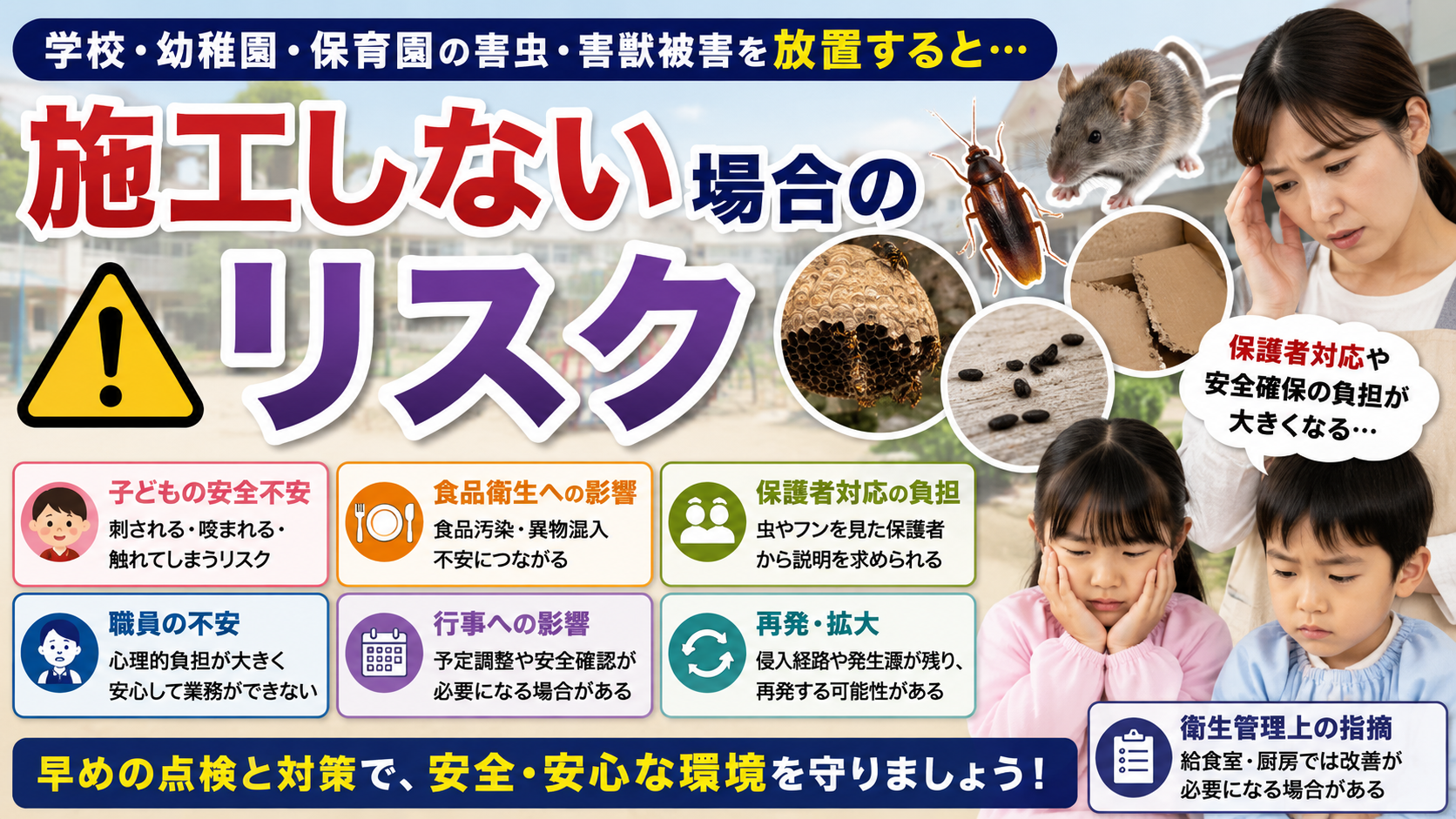 学校・幼稚園・保育園の害虫・害獣被害を放置した場合の子どもの安全・食品衛生・保護者対応などのリスク