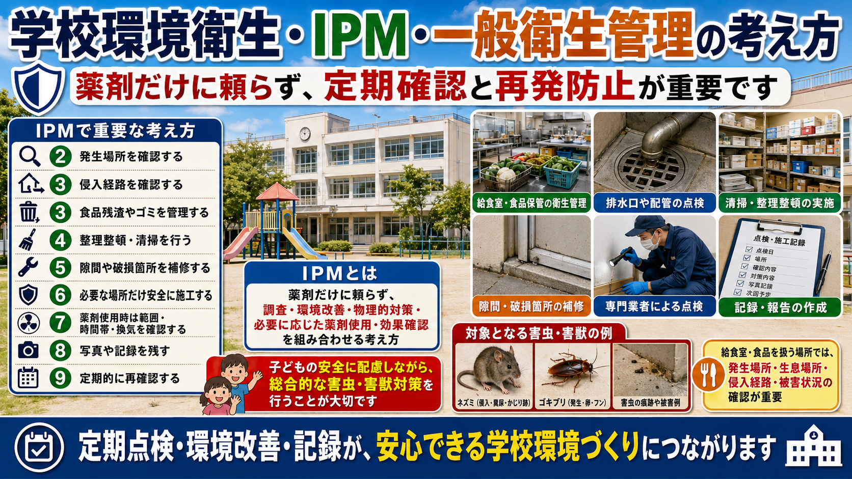 学校・幼稚園・保育園の学校環境衛生とIPMによる害虫・害獣対策、給食室の衛生管理・定期点検・再発防止を解説