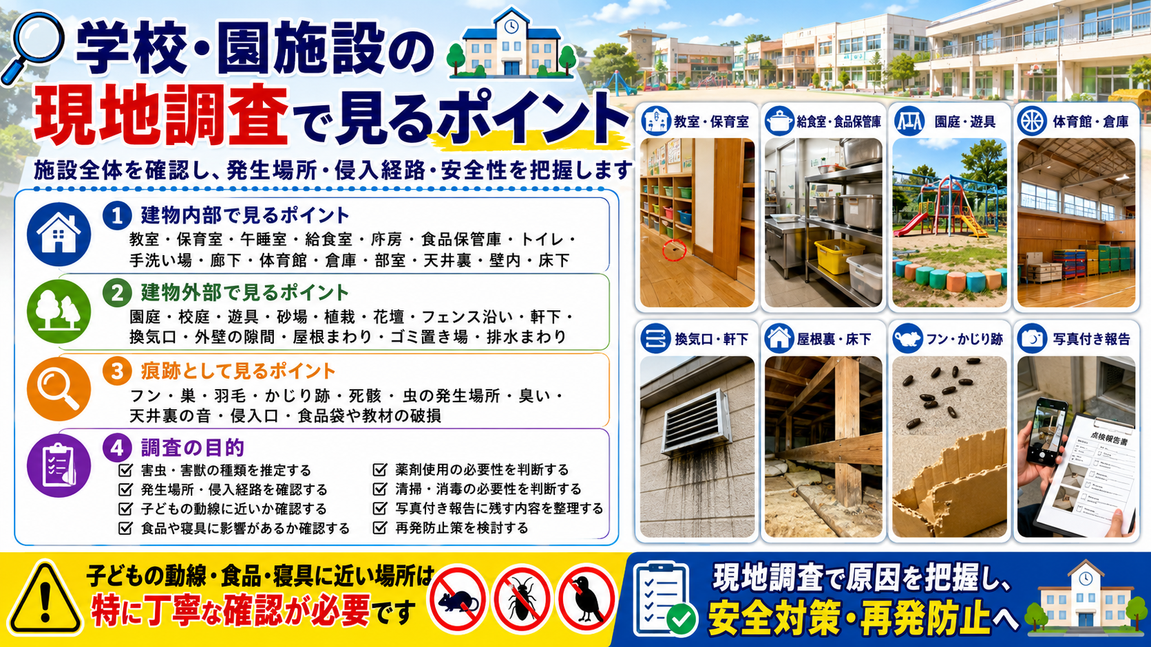 学校・幼稚園・保育園の害虫・害獣対策で確認したい教室・給食室・園庭・屋根裏の現地調査ポイント