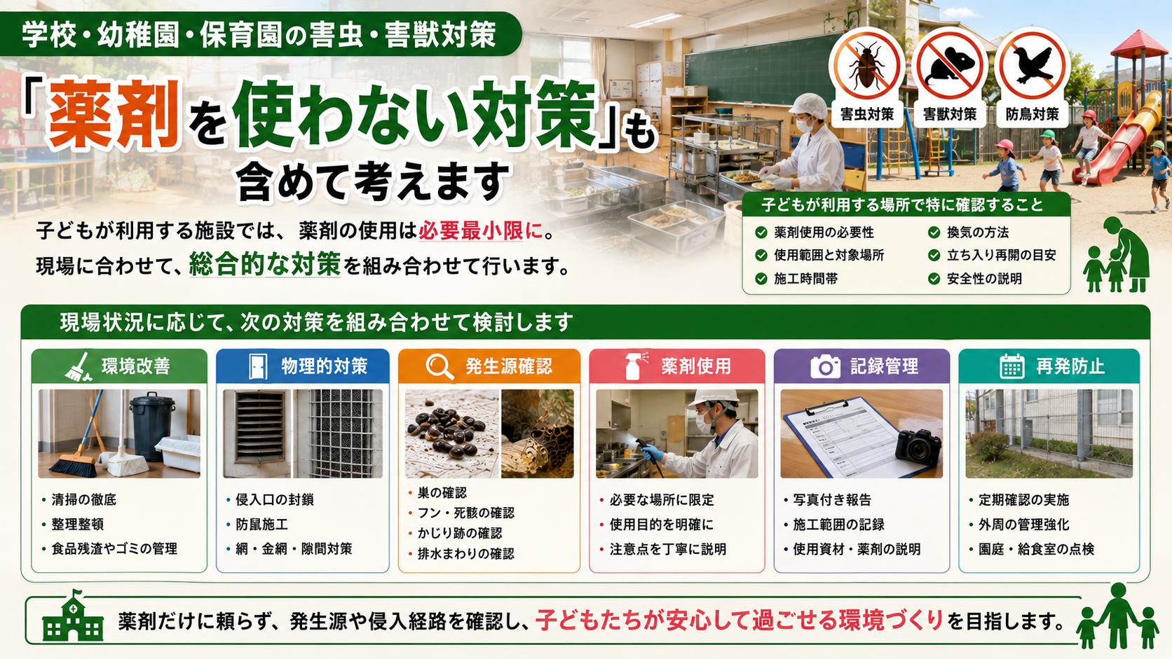 学校・幼稚園・保育園の害虫・害獣対策で薬剤を使わない環境改善・侵入口封鎖・発生源確認・記録管理を解説