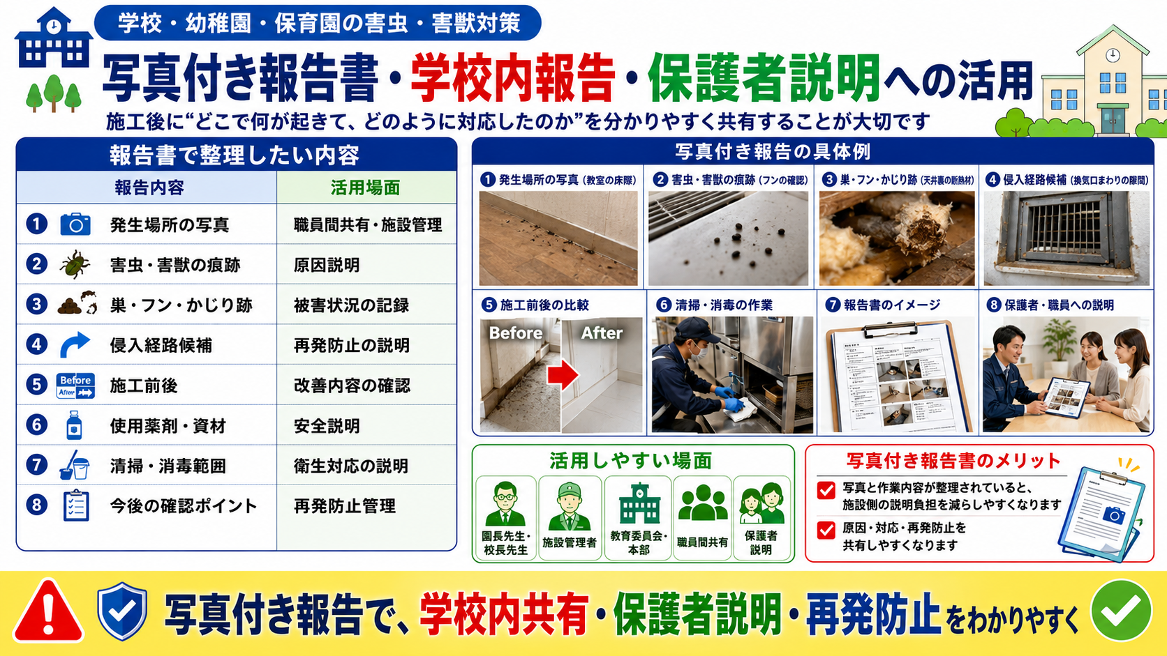 学校・幼稚園・保育園の害虫・害獣対策における写真付き報告書と学校内共有・保護者説明・再発防止の活用