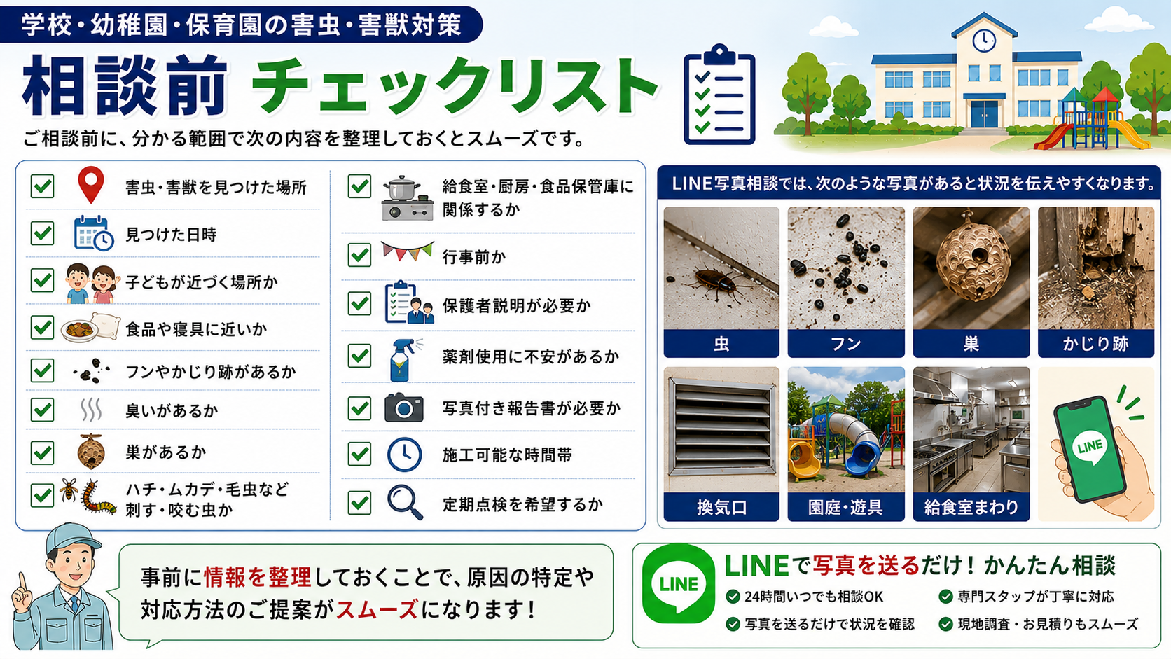 学校・幼稚園・保育園の害虫・害獣対策で相談前に確認したい発生場所・フン・巣・写真報告・LINE写真相談のチェックリスト