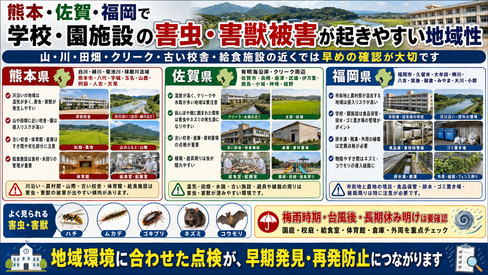 熊本、佐賀、福岡で学校・円施設の害虫・害獣被害が起きやすい地域特性