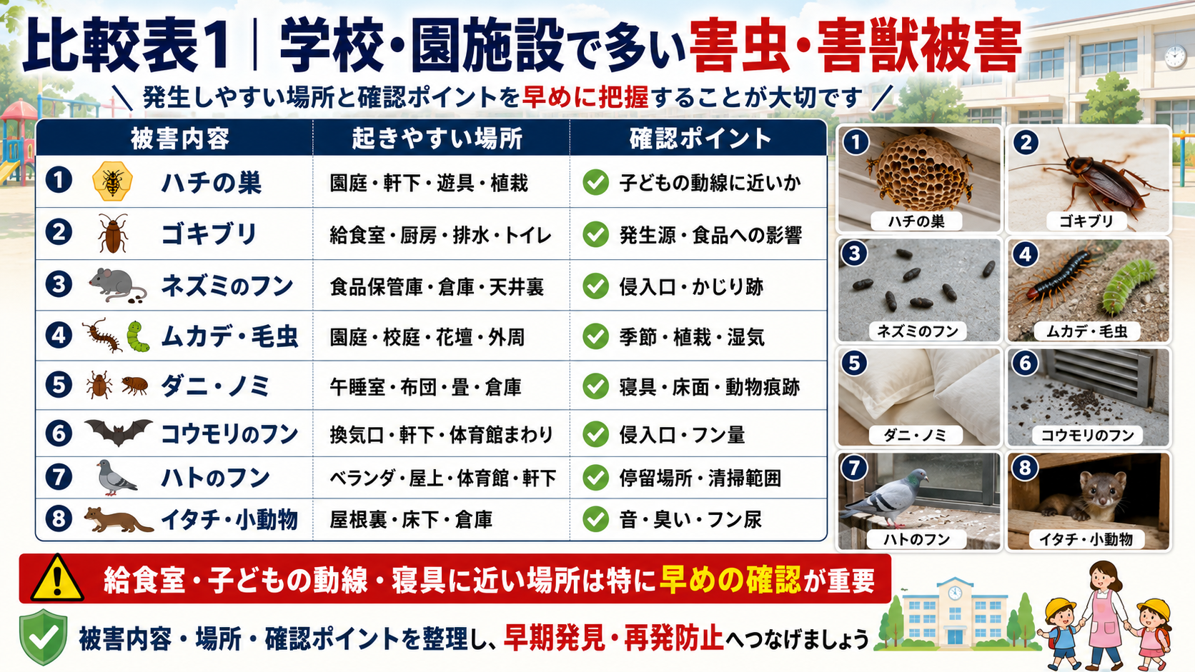 学校・幼稚園・保育園で多いハチ・ゴキブリ・ネズミ・コウモリなどの害虫・害獣被害と確認ポイント