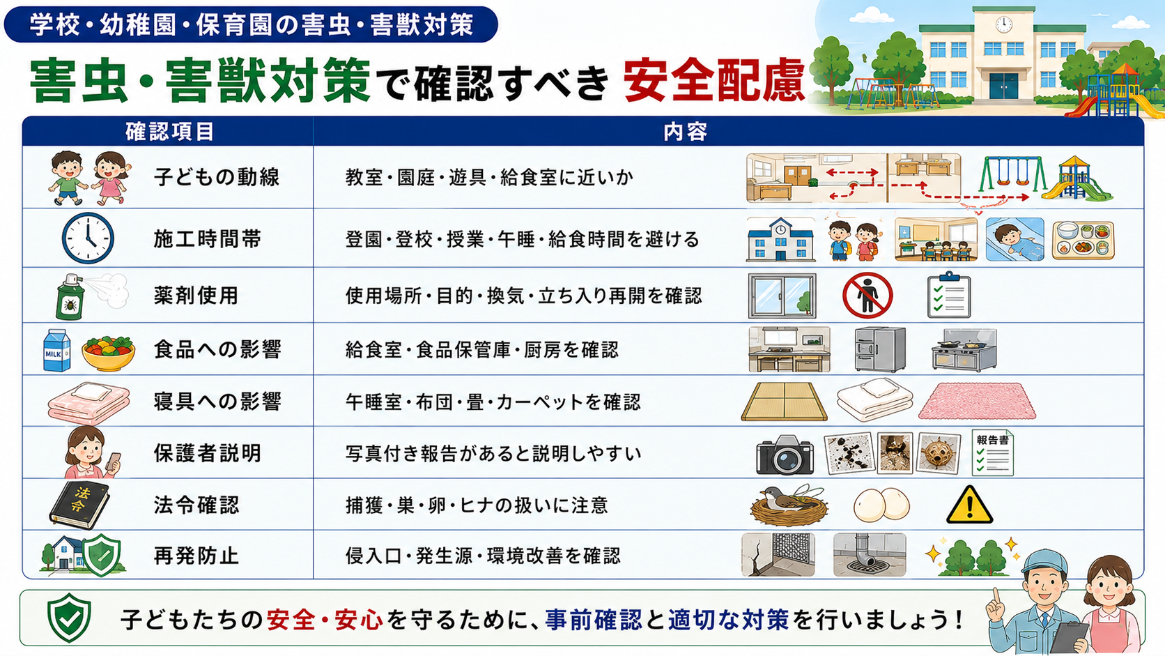 学校・幼稚園・保育園の害虫・害獣対策で確認すべき子どもの動線・施工時間帯・薬剤使用・食品や寝具への影響などの安全配慮