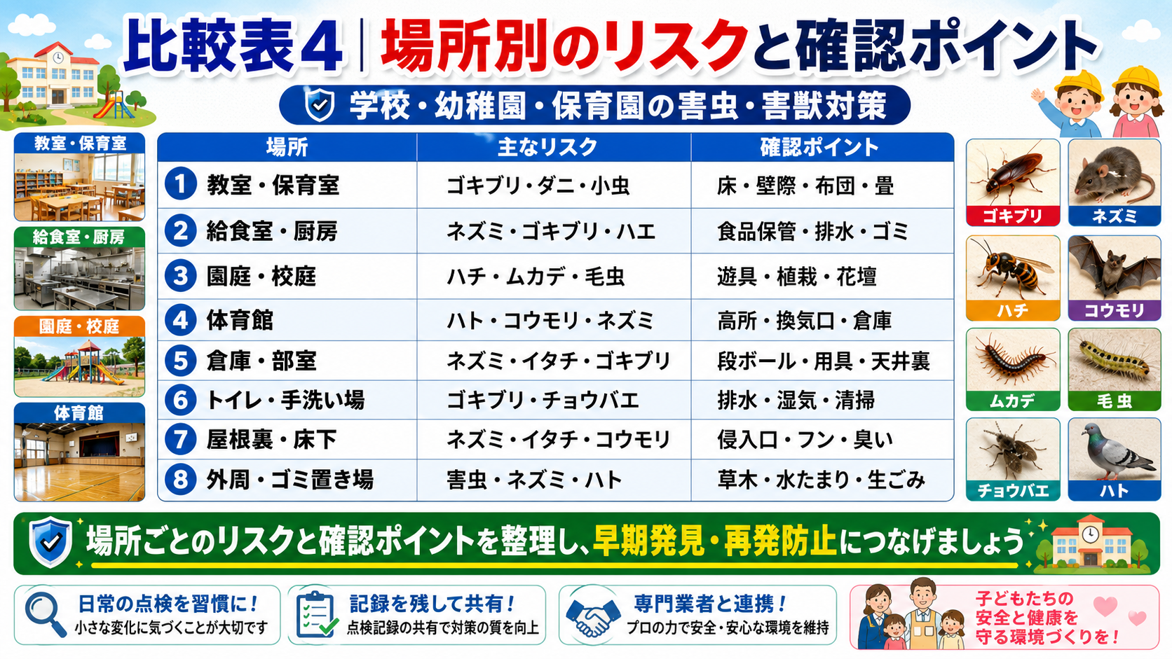 学校・幼稚園・保育園の害虫・害獣対策における教室・給食室・園庭・体育館・屋根裏など場所別のリスクと確認ポイント
