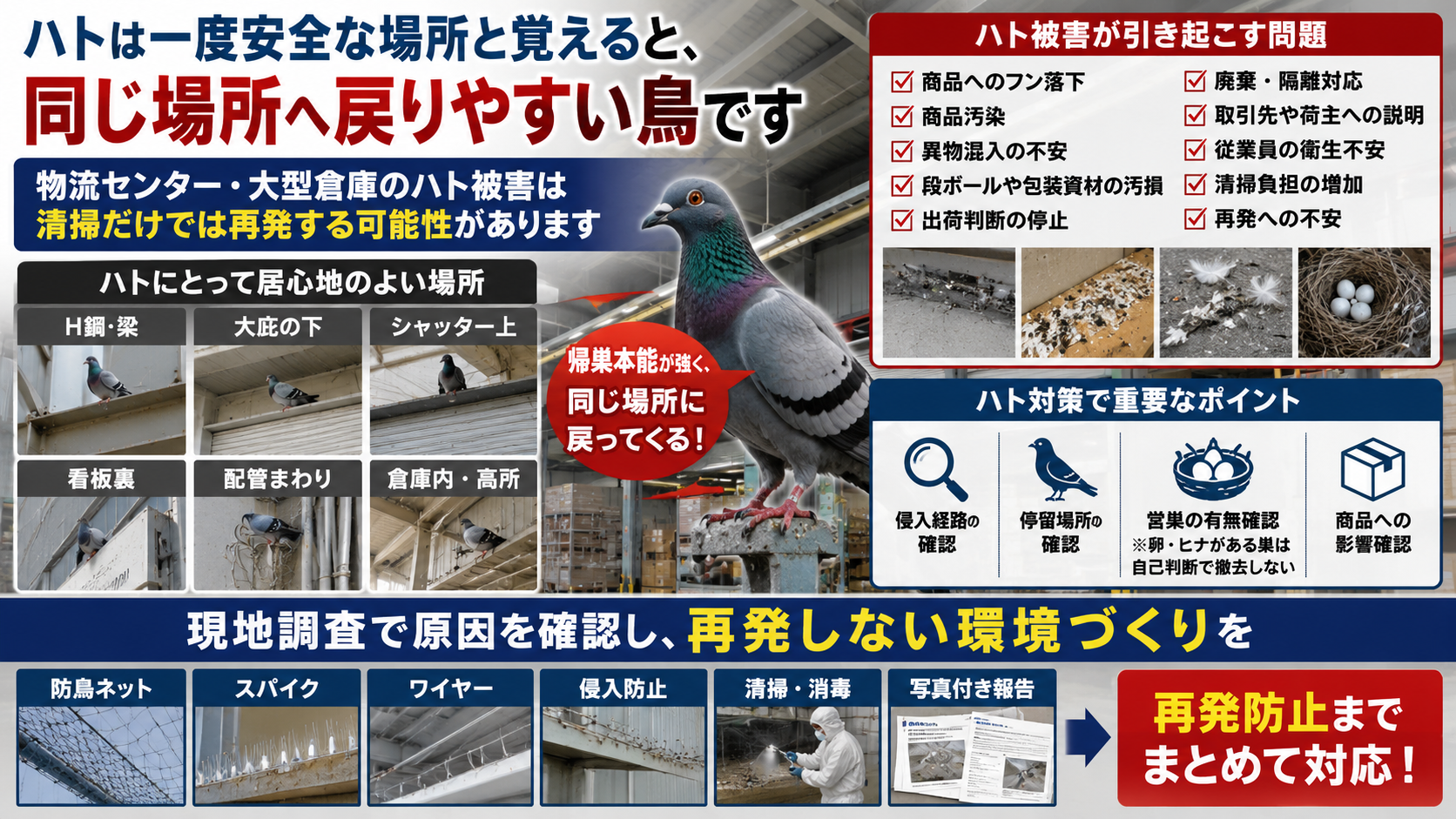 物流センター・大型倉庫でハトが同じ場所へ戻りやすい理由とフン害・商品汚染・営巣リスクを防ぐ再発防止対策を解説した画像