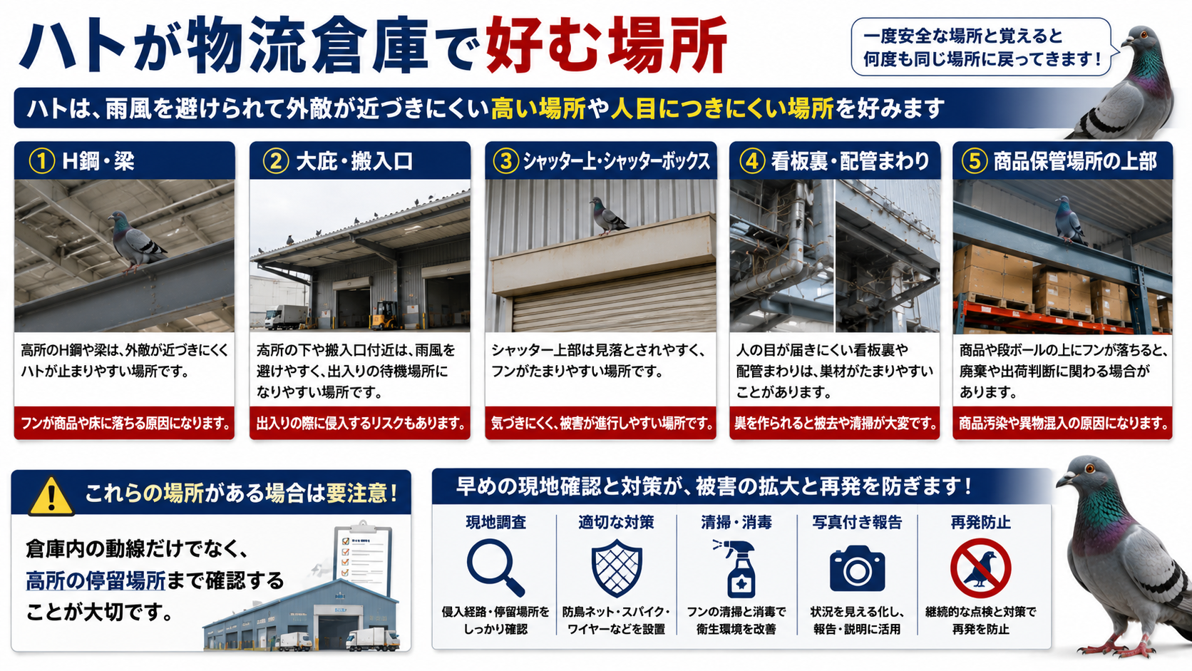 物流倉庫でハトが好むH鋼・梁・大庇・シャッター上・配管まわり・商品保管場所上部の停留リスクと再発防止対策を解説した画像
