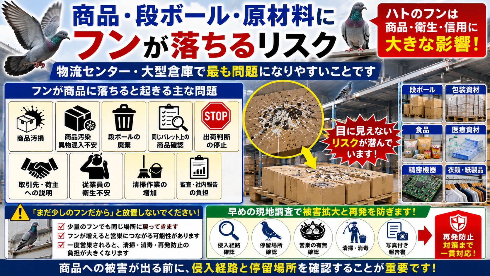 物流センター・大型倉庫で商品・段ボール・原材料にハトのフンが落ちるリスクと商品汚染・異物混入不安を防ぐ早期調査の重要性を解説した画像
