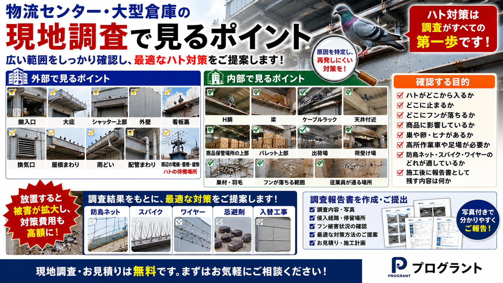 物流センター・大型倉庫のハト対策で現地調査時に確認する外部・内部の侵入経路、停留場所、フン落下範囲、商品影響、防鳥ネット・スパイク・ワイヤー施工判断を解説した画像