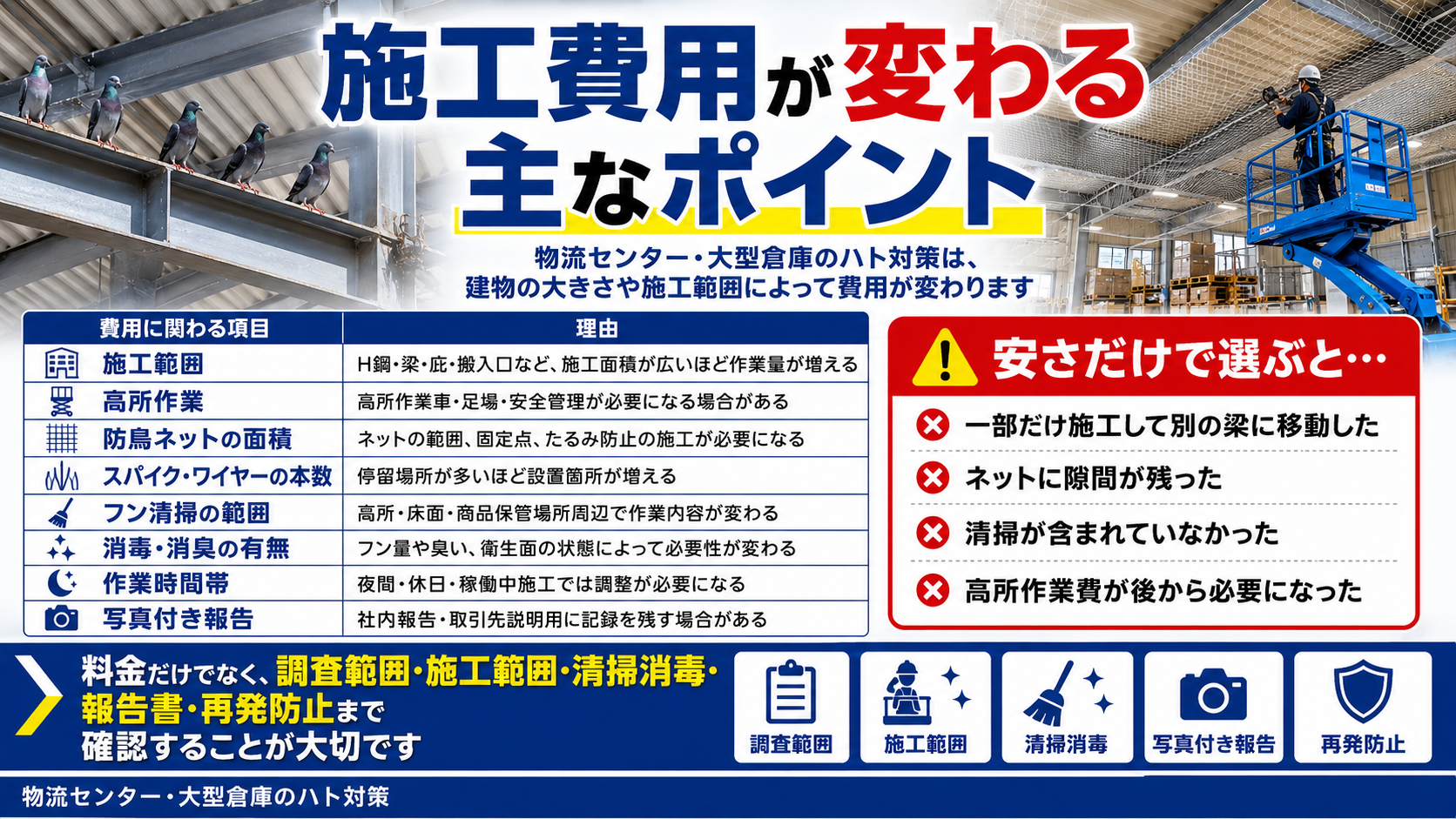 物流センター・大型倉庫のハト対策で施工費用が変わる施工範囲・高所作業・防鳥ネット面積・清掃消毒・写真付き報告・再発防止の確認ポイントを解説した画像