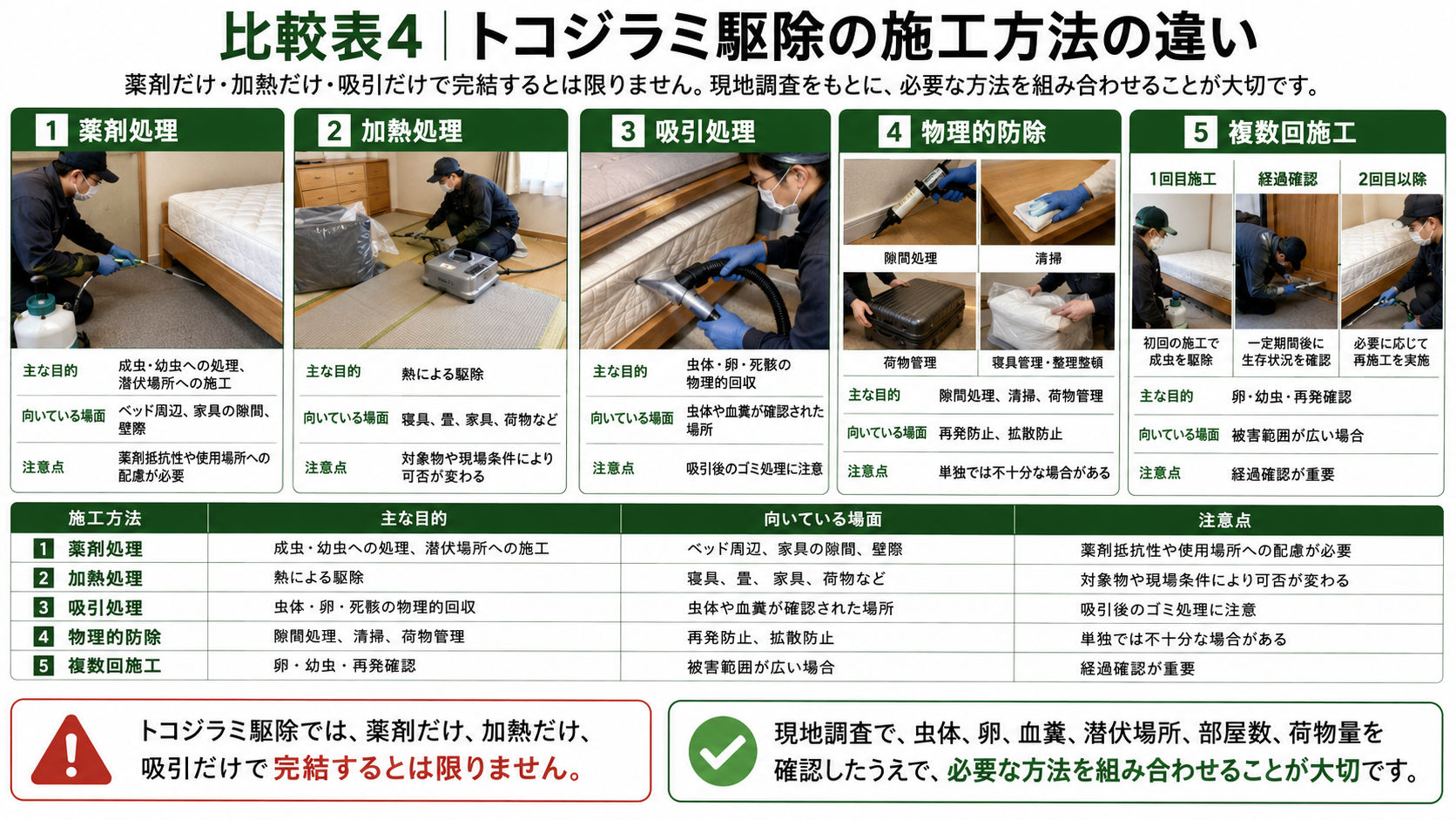 トコジラミ駆除の施工方法を薬剤処理・加熱処理・吸引処理・物理的防除・複数回施工で比較し再発防止まで写真付きで解説した画像 