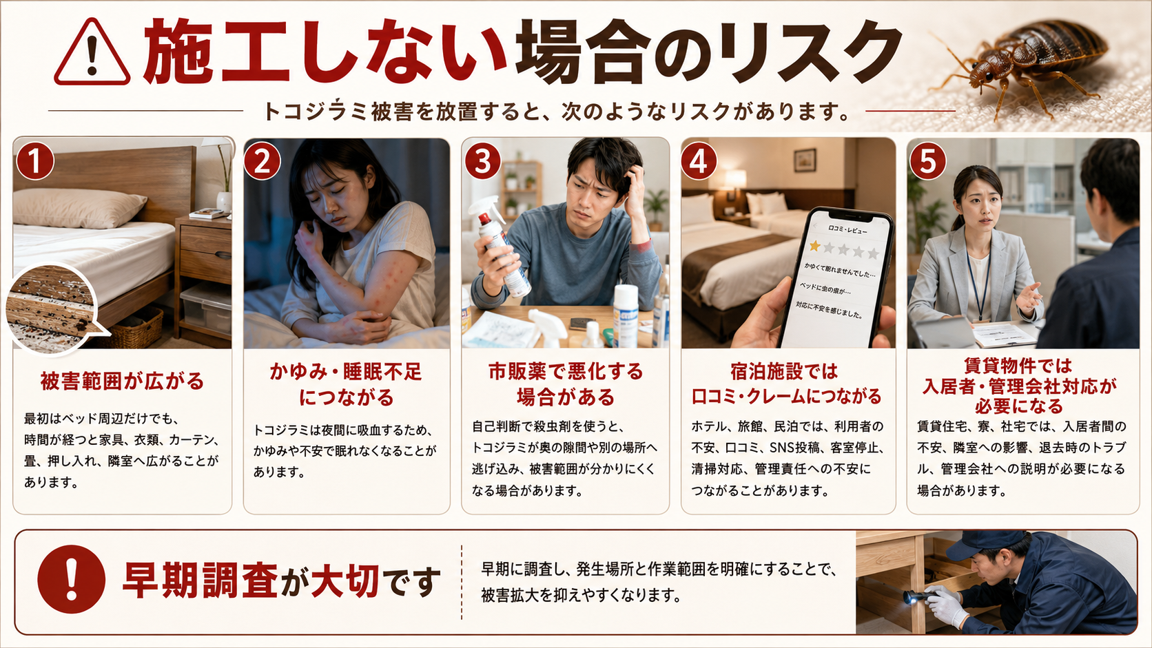 トコジラミ被害を放置した場合のリスクと早期調査の重要性を写真付きで解説
