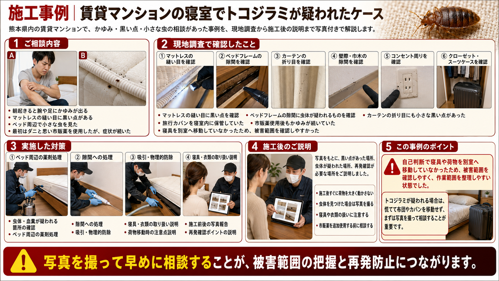 賃貸マンションの寝室でトコジラミが疑われた施工事例を、相談内容・現地調査・実施対策・施工後説明・事例のポイントまで写真付きで解説した画像
