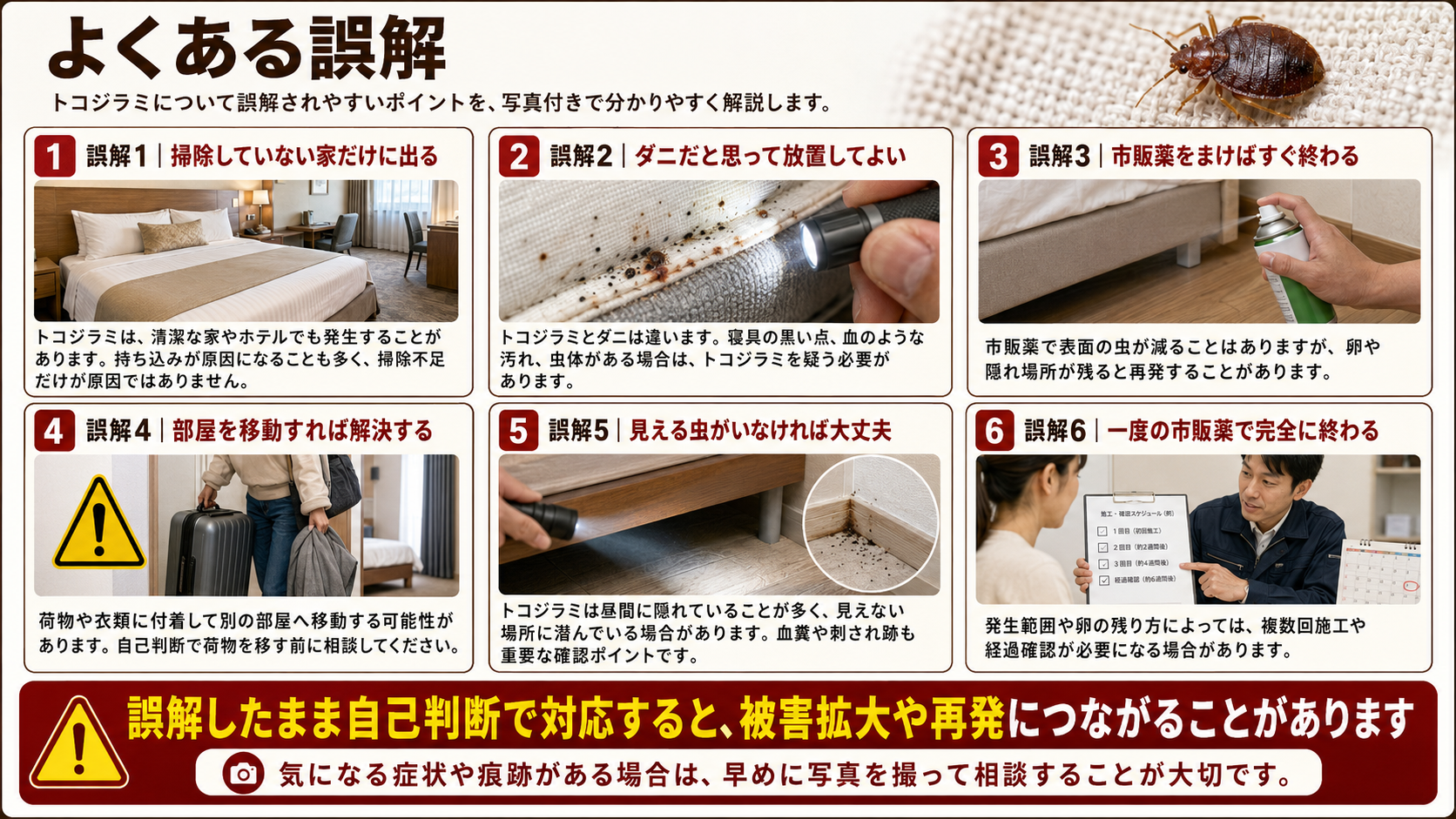 トコジラミに関するよくある誤解と、自己判断による放置・市販薬使用・荷物移動のリスクを写真付きで解説した画像
