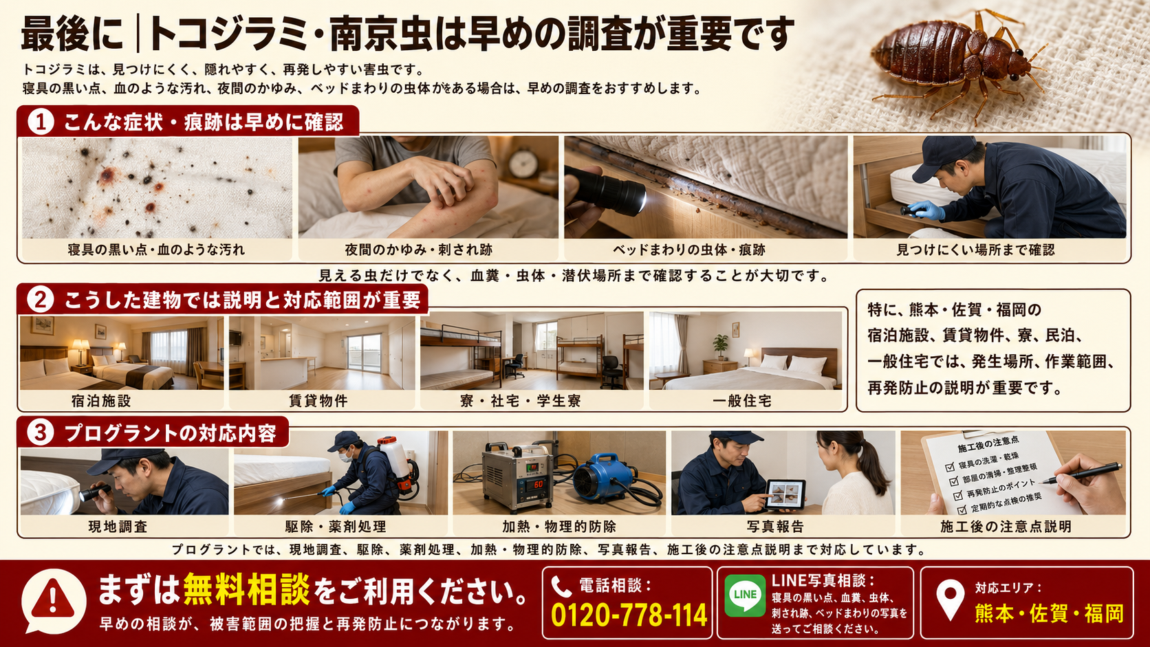 トコジラミ・南京虫の早期調査の重要性と、症状・痕跡・対応施設・無料相談方法を写真付きで解説した画像
