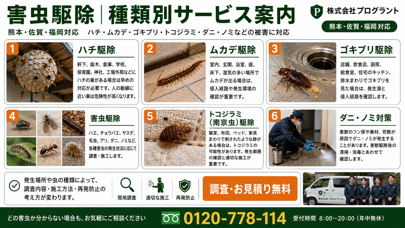 熊本・佐賀・福岡対応の害虫駆除サービスを、ハチ・ムカデ・ゴキブリ・トコジラミ・ダニ・ノミなどの種類別に写真付きで解説する株式会社プログラントの案内画像