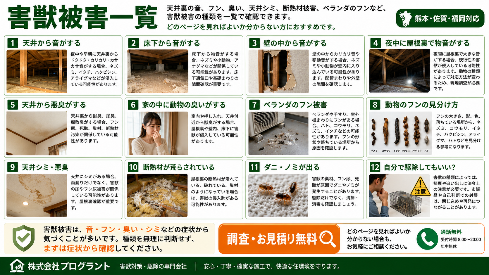 熊本・佐賀・福岡対応の害獣被害一覧を、天井の音・床下の音・壁内の音・悪臭・フン・天井シミ・断熱材被害・ダニノミなどの症状別に写真付きで解説する株式会社プログラントの案内画像