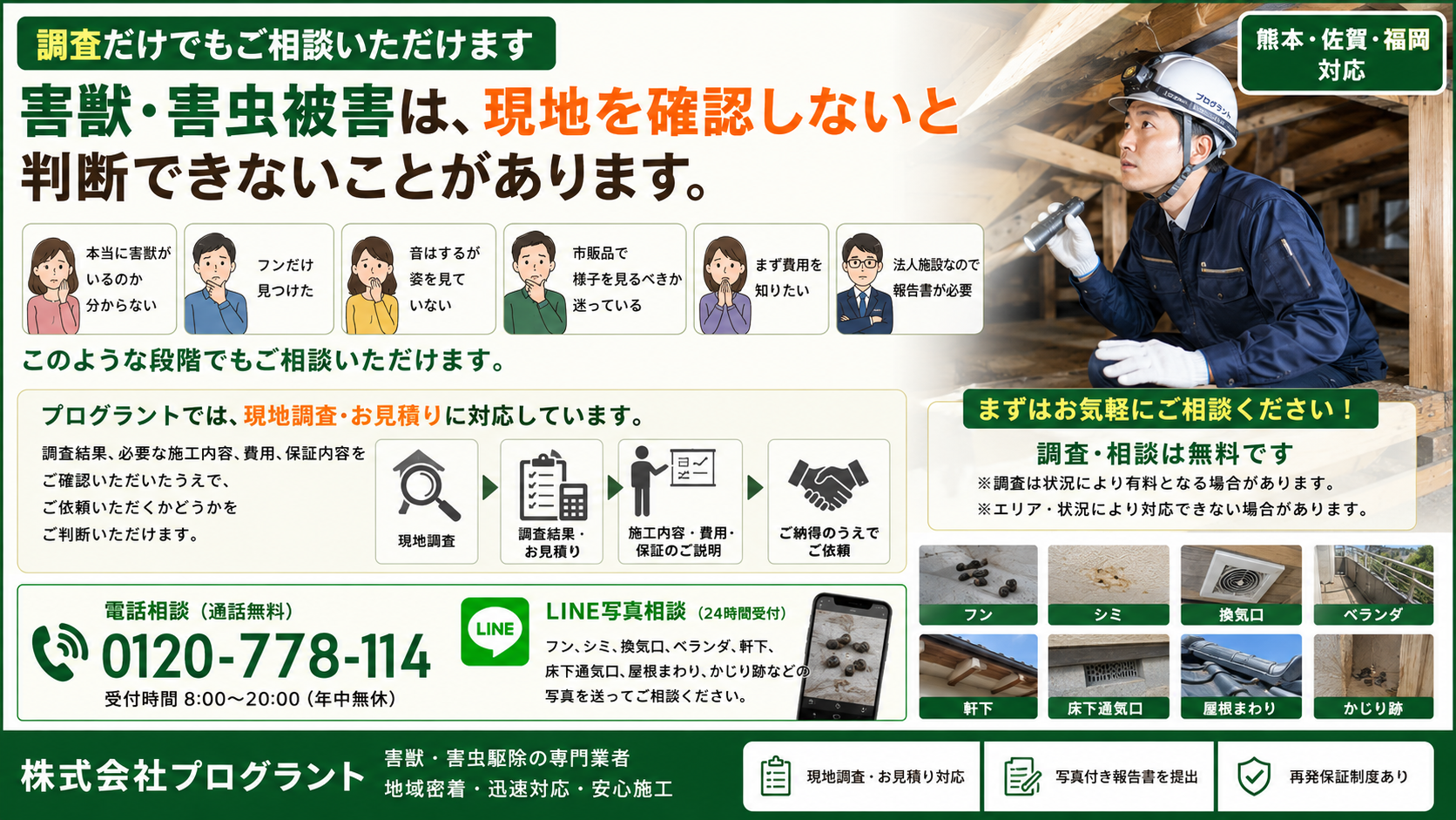 熊本・佐賀・福岡対応の害獣・害虫被害について、調査だけでも相談できることや電話相談・LINE写真相談の流れを写真付きで案内する株式会社プログラントの解説画像
