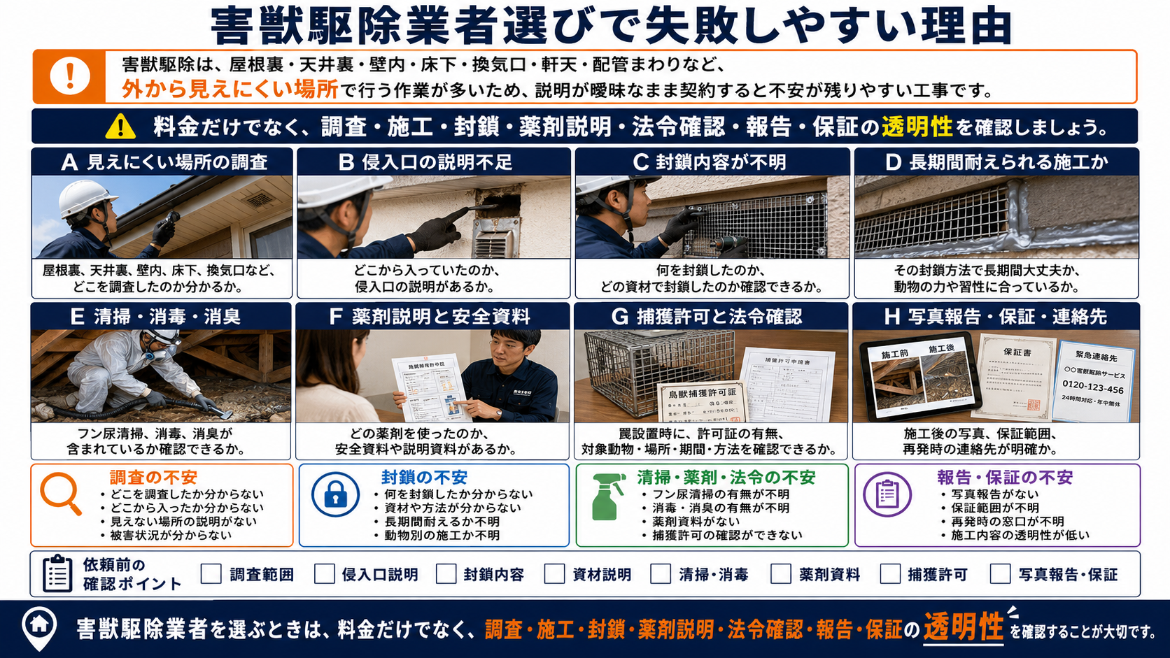 害獣駆除業者選びで失敗しやすい理由と、調査・侵入口封鎖・清掃消毒・薬剤説明・捕獲許可・写真報告・保証の透明性を確認するポイントをまとめた解説画像