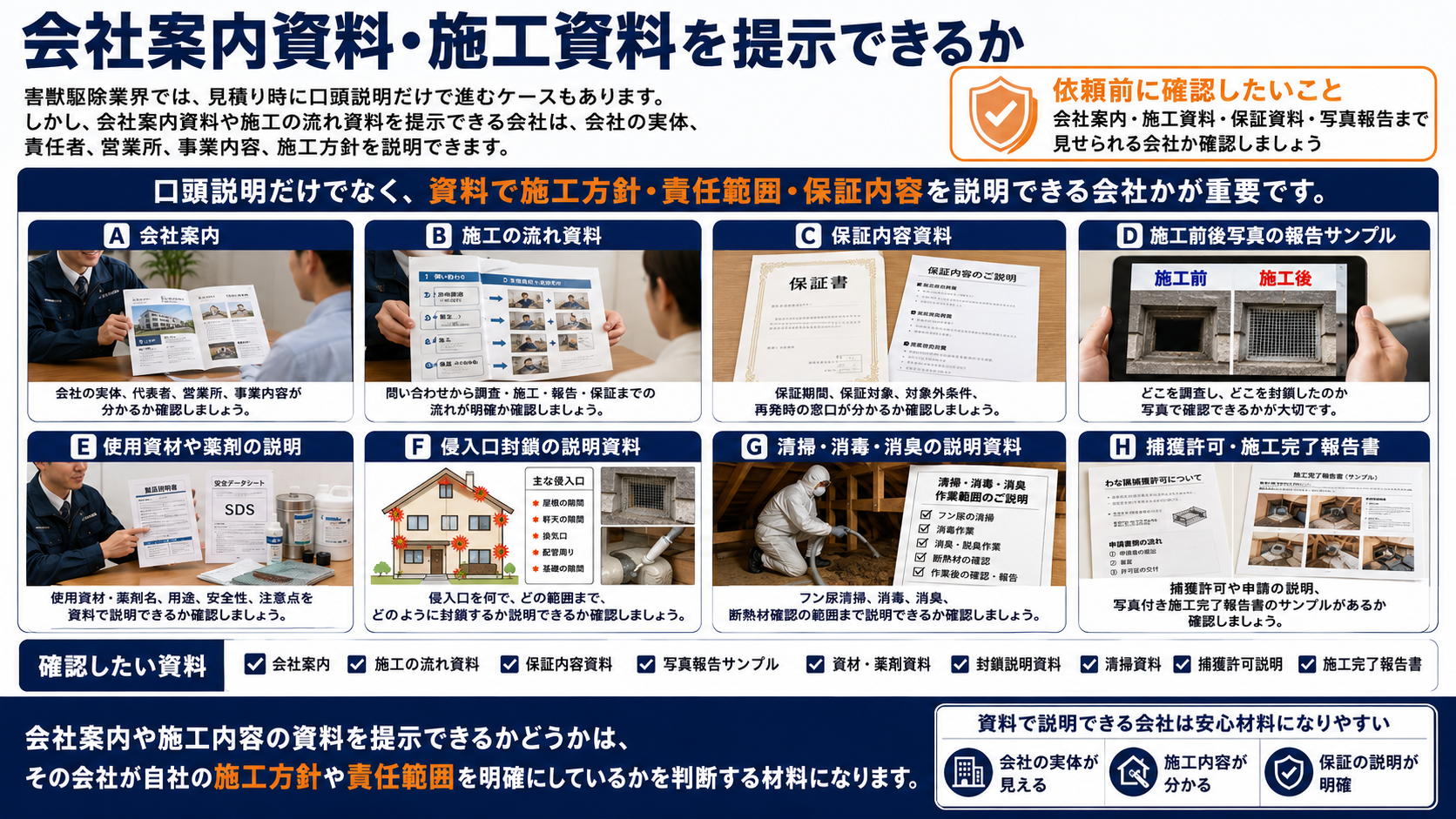 害獣駆除業者選びで会社案内資料・施工資料・保証内容資料・写真報告サンプル・薬剤資料・封鎖説明資料・施工完了報告書を確認する重要性をまとめた解説画像