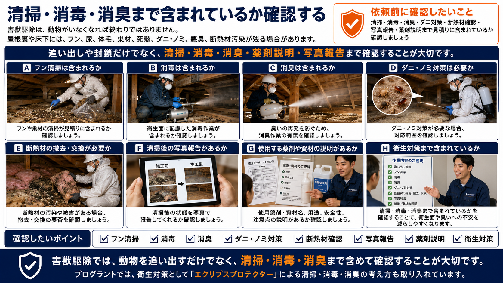 害獣駆除で清掃・消毒・消臭まで含まれているかを確認するために、フン清掃・ダニノミ対策・断熱材確認・写真報告・薬剤説明の重要性をまとめた解説画像