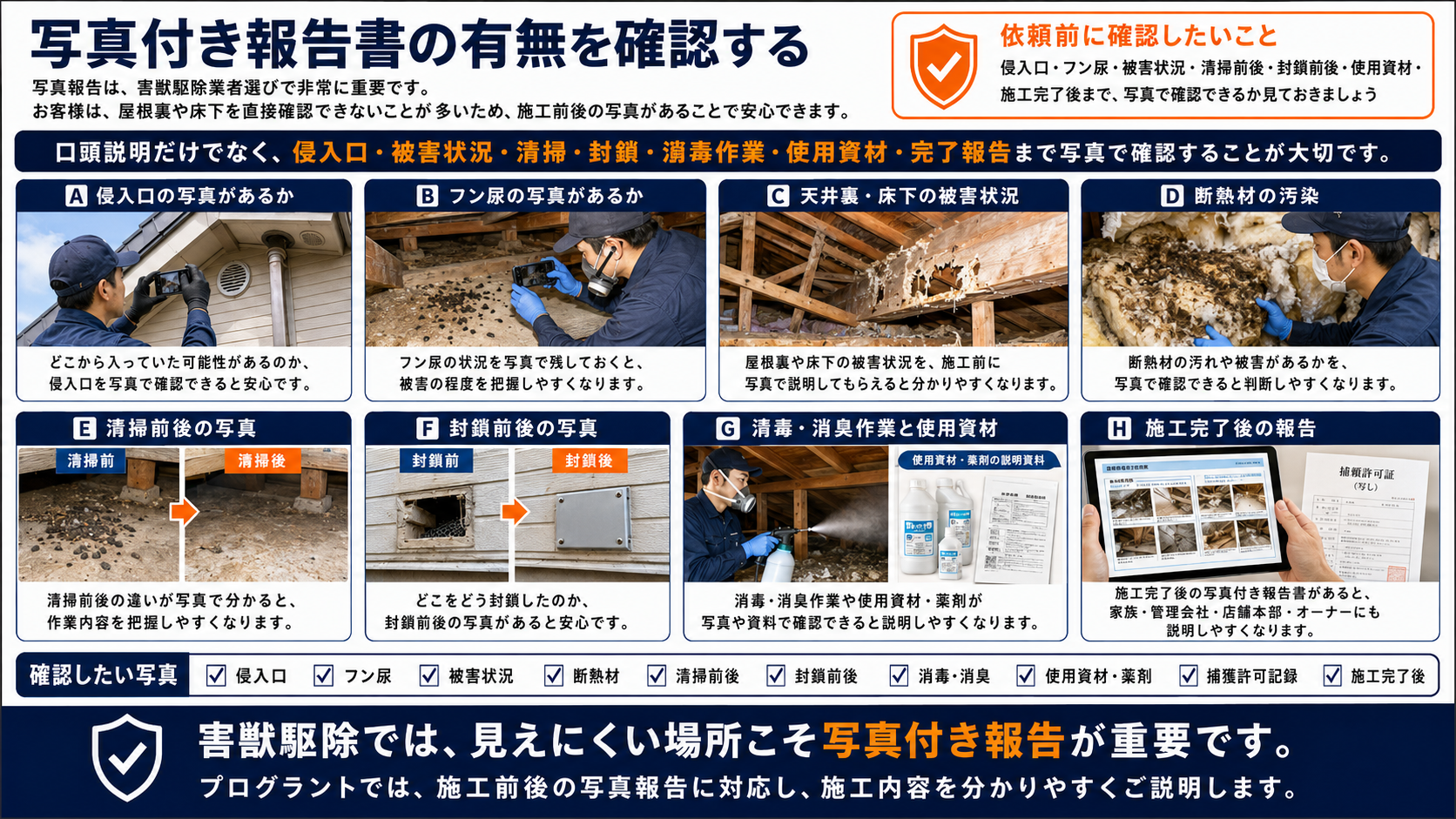 害獣駆除の写真付き報告書で確認すべき侵入口・フン尿・被害状況・断熱材汚染・清掃前後・封鎖前後・消毒消臭作業・使用資材・施工完了後の記録をまとめた解説画像