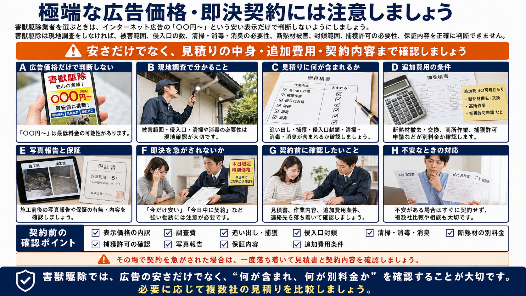 害獣駆除業者を選ぶ際に、極端な広告価格や即決契約の注意点、見積り内容・追加費用・写真報告・保証確認のポイントをまとめた解説画像