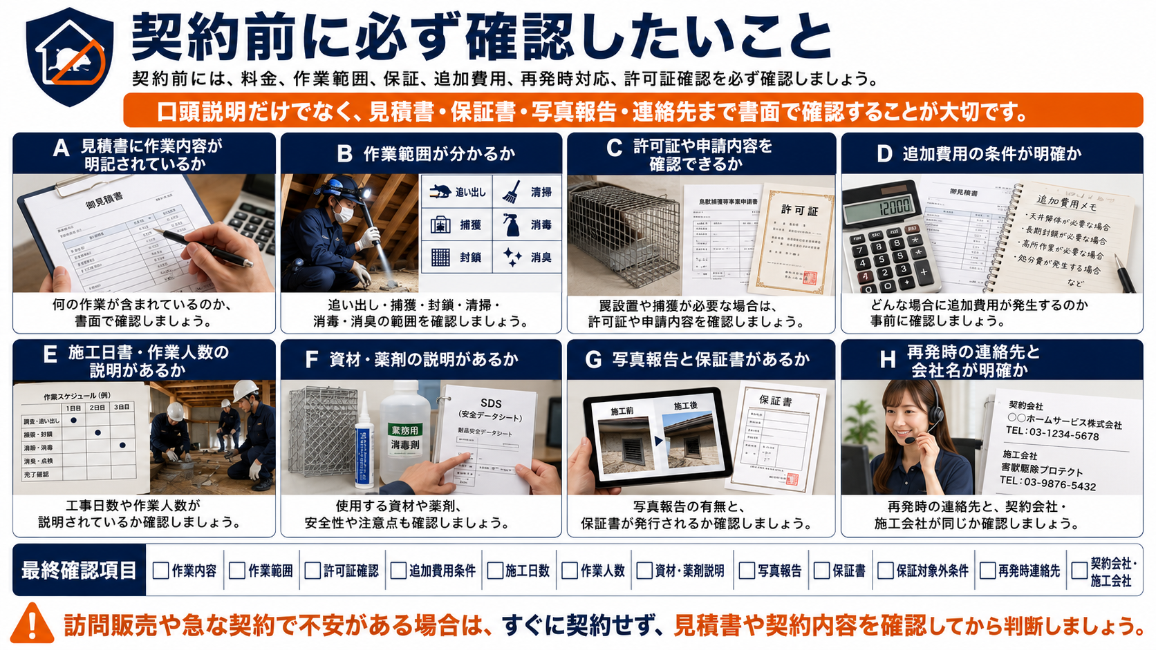 害獣駆除の契約前に確認すべき見積書の作業内容・作業範囲・追加費用・許可証確認・資材薬剤説明・写真報告・保証書・再発時の連絡先をまとめた解説画像