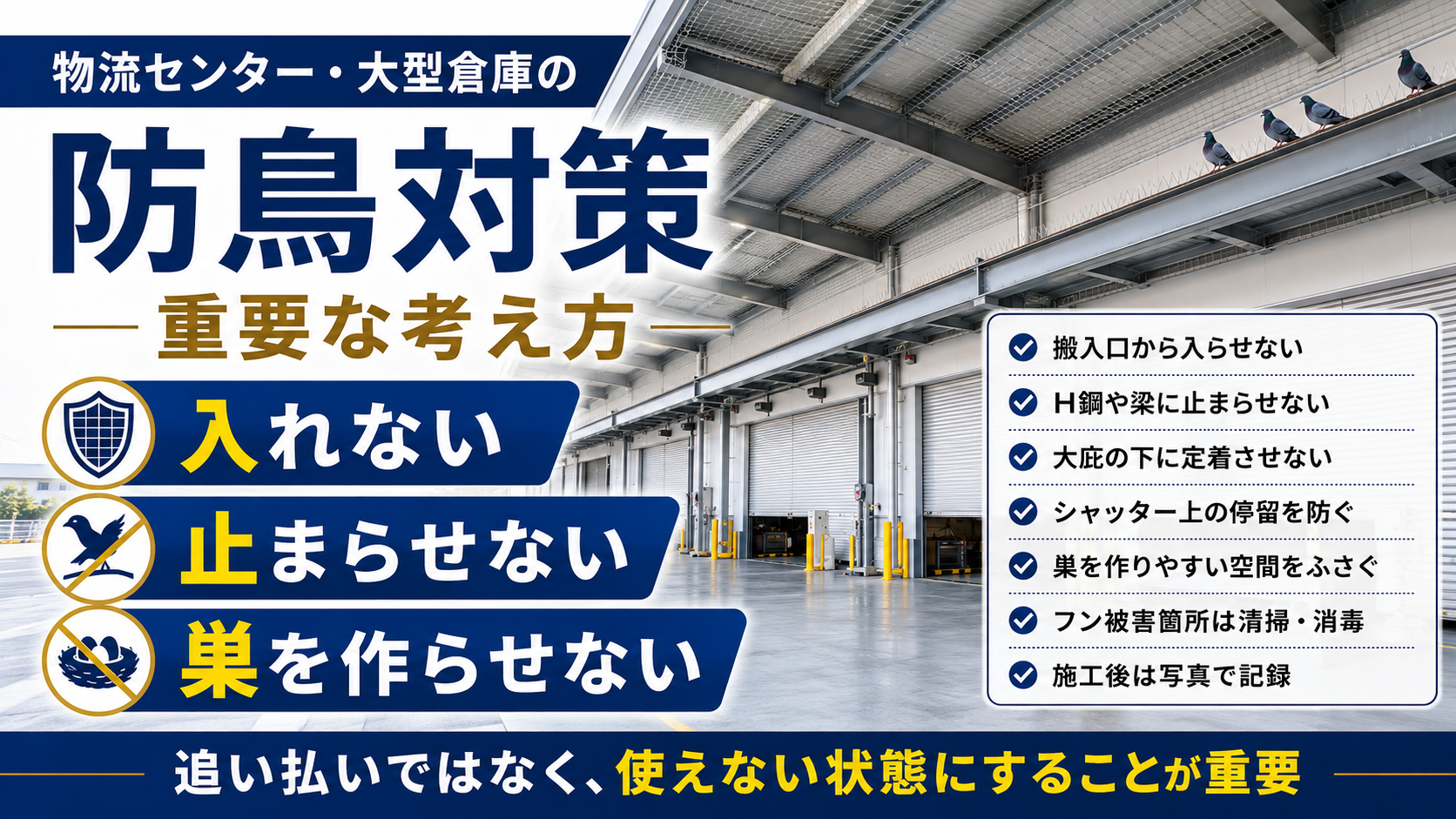 物流センター・大型倉庫の防鳥対策｜入れない・止まらせない・巣を作らせない