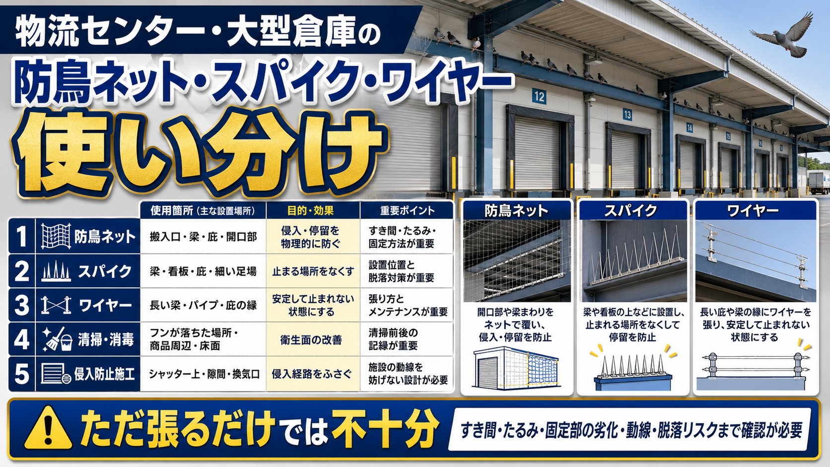物流センター・大型倉庫の防鳥ネット・スパイク・ワイヤー使い分け