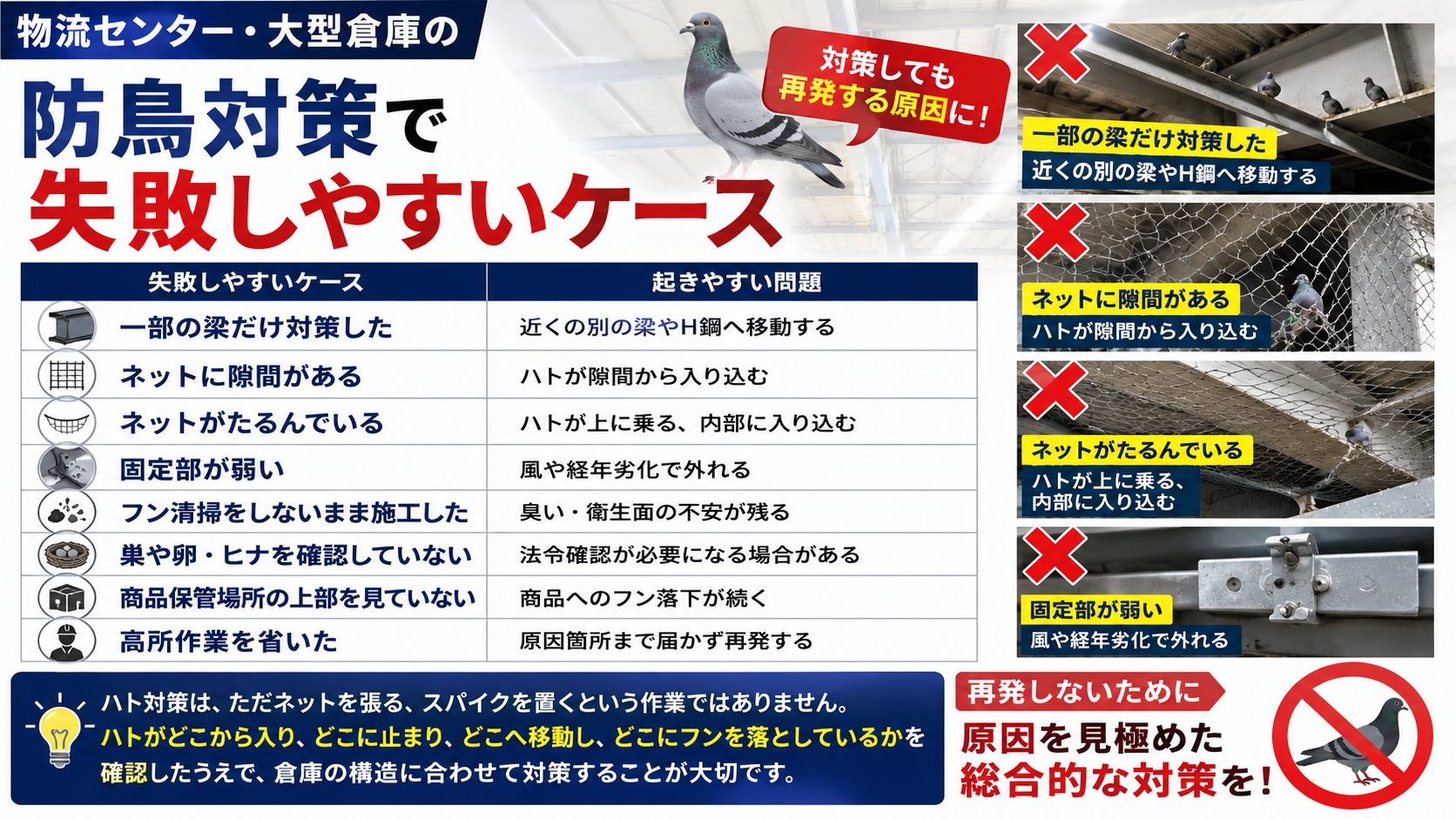 物流センター・大型倉庫の防鳥対策で失敗しやすいケースと再発原因